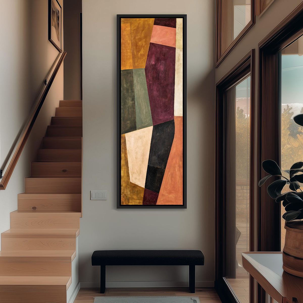 Angular blocks in mustard, maroon and blush long vertical canvas print in a sunlit living space