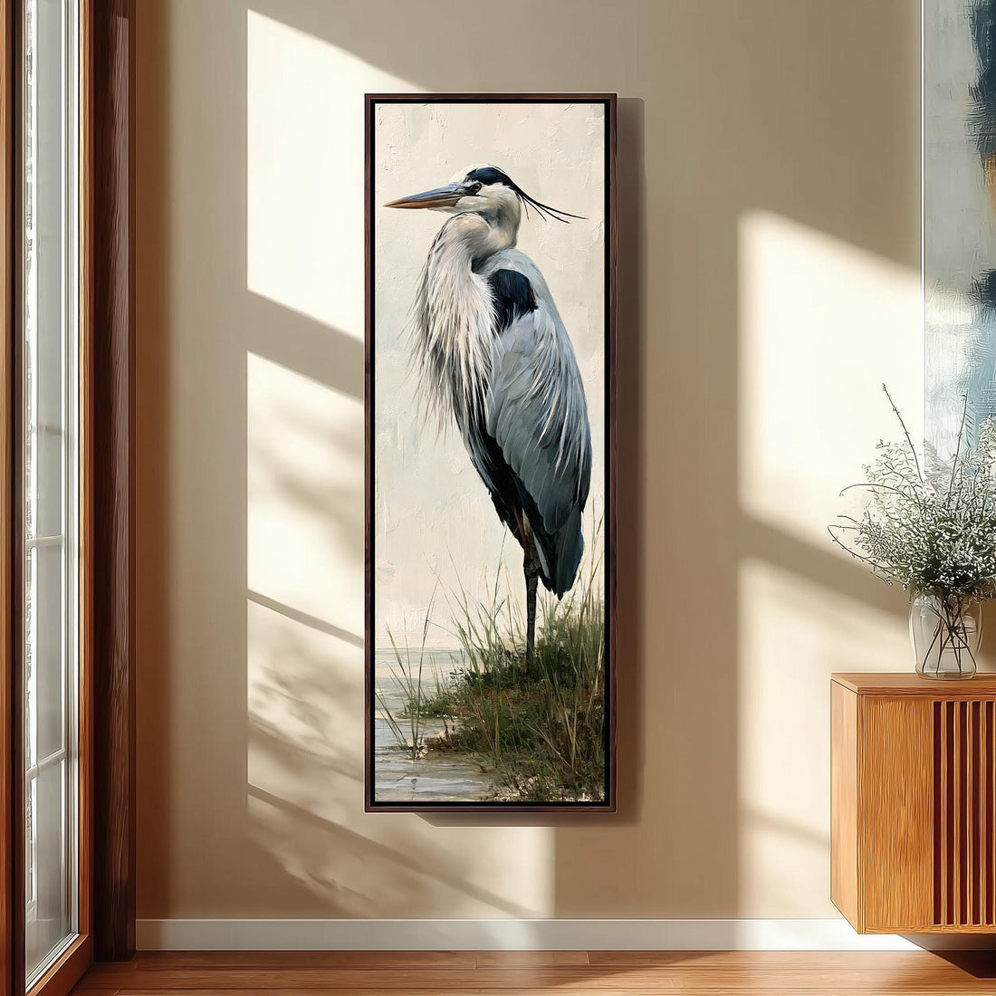 Great blue heron portrait on cream long vertical canvas print in a sunlit living space