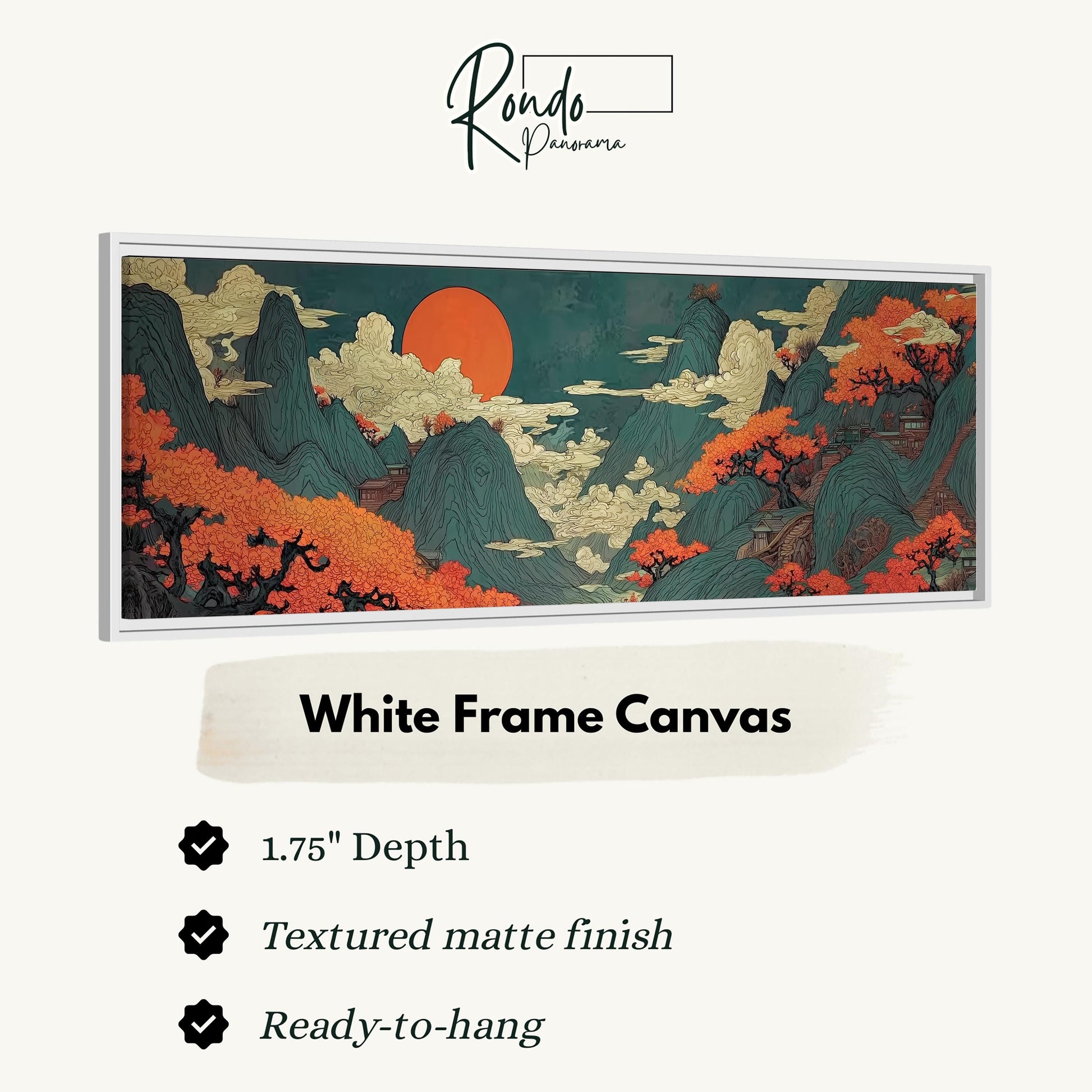 The image is a white frame canvas depicting a landscape with mountains, trees, and a large orange sun.