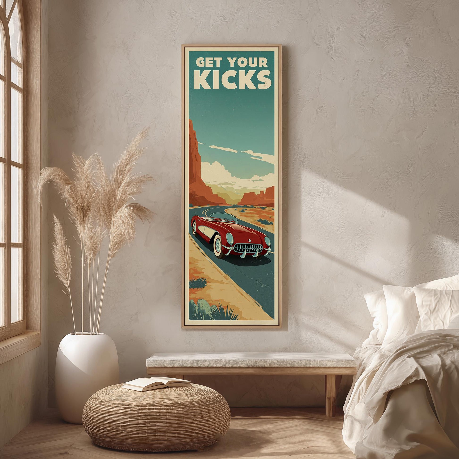 a poster of a red convertible car on a desert road, with the text "GET YOUR KICKS" displayed above it.