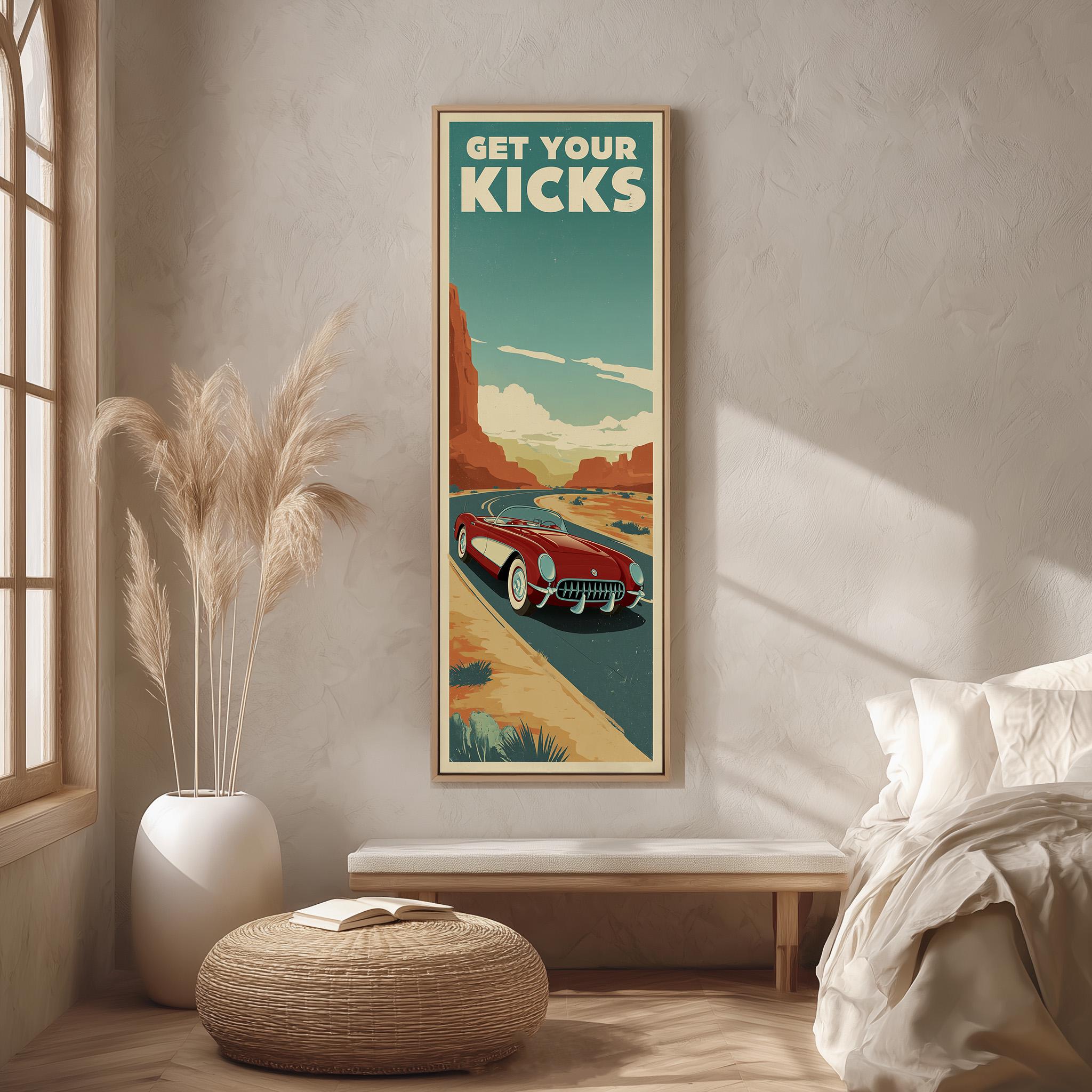 a poster of a red convertible car on a desert road, with the text "GET YOUR KICKS" displayed above it.
