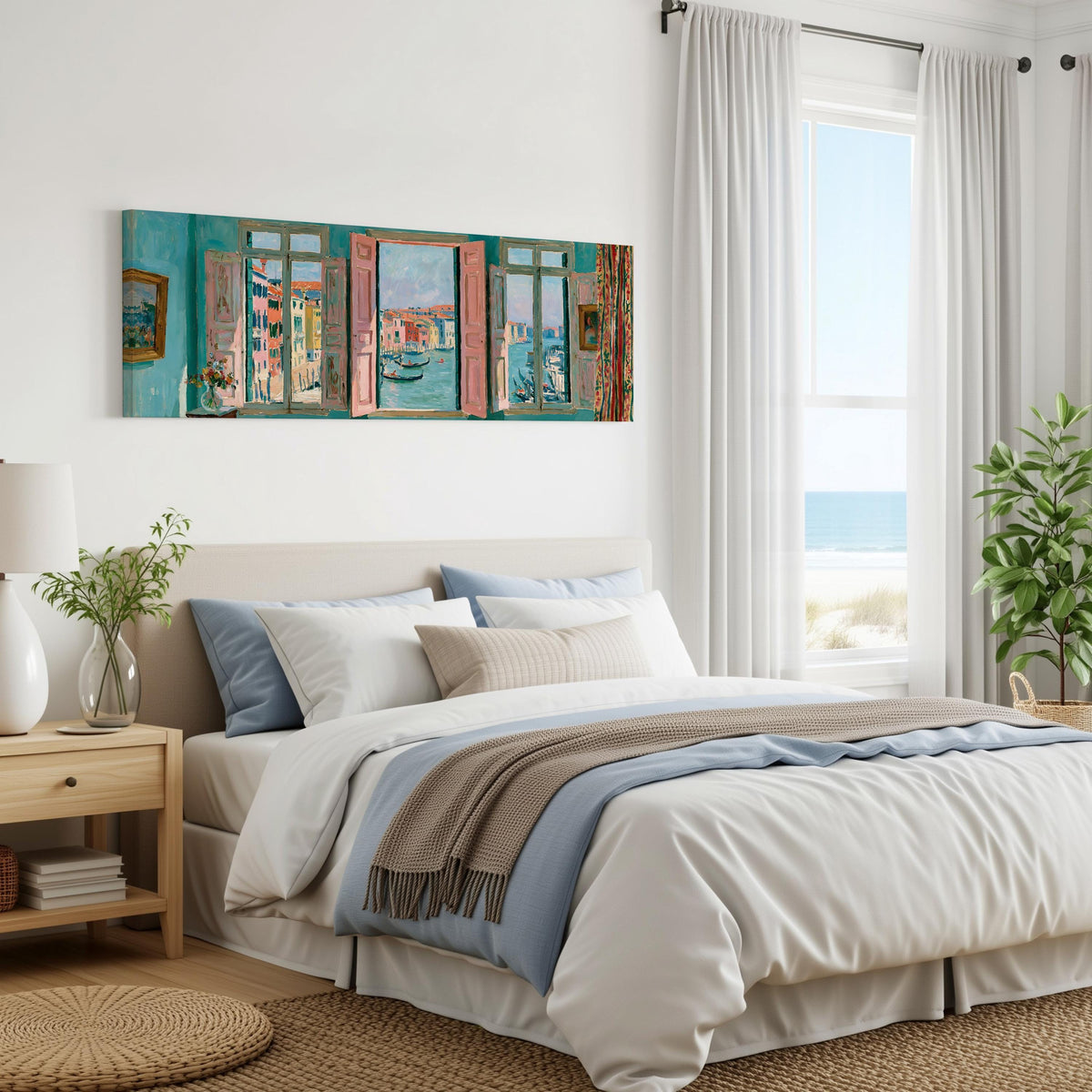 Venice canal and gondolas through a window panoramic canvas print above a bed in a coastal bedroom