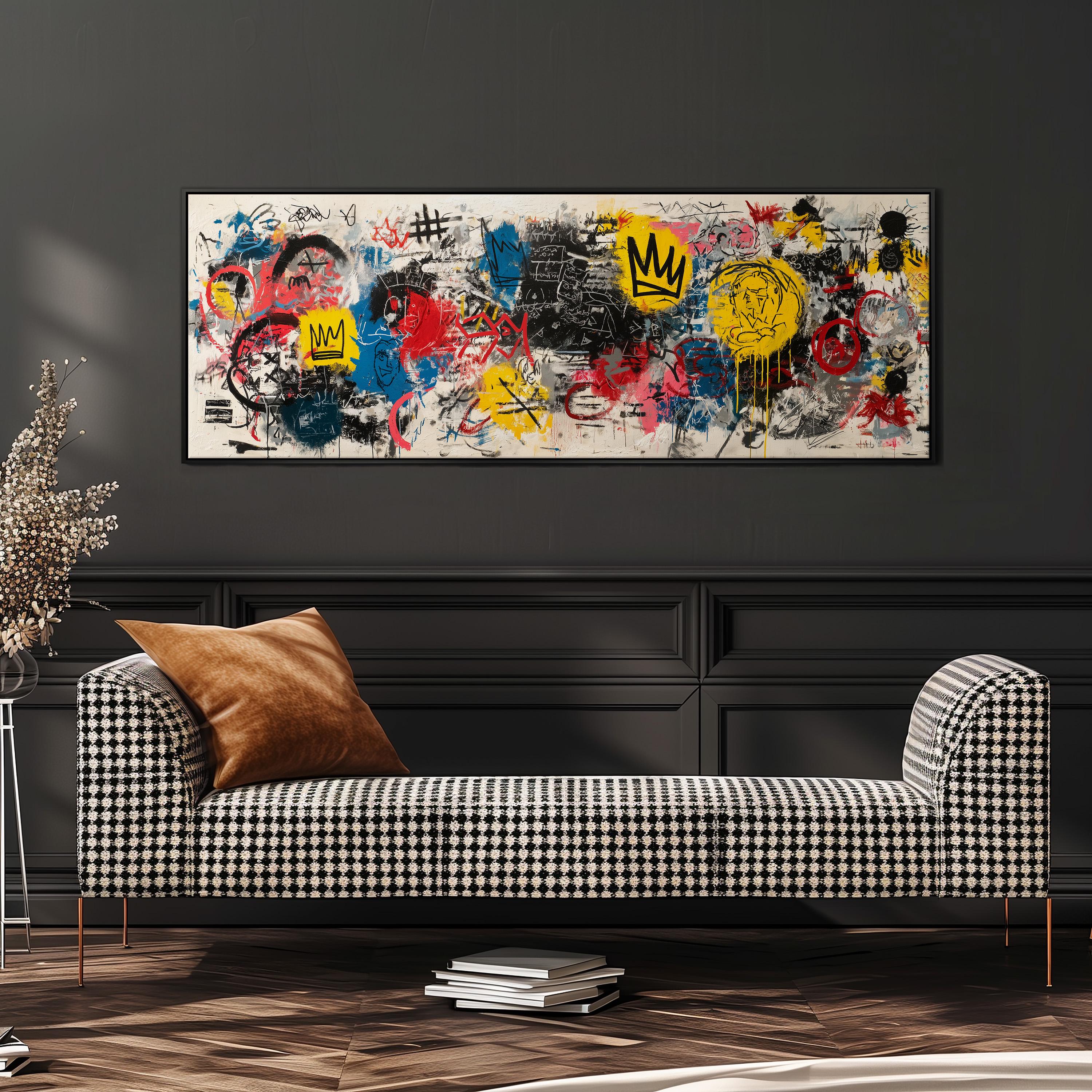 a modern living room with a black and white checkered sofa, a stack of books, and a large abstract painting on the wall.