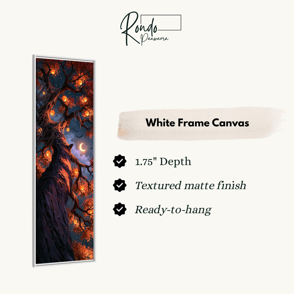 Twisted tree hung with glowing jack-o'-lanterns canvas print in a white floating frame