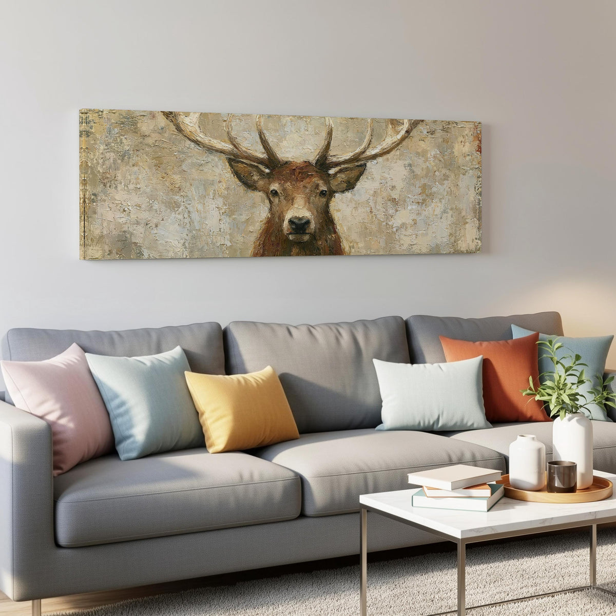 Rustic stag portrait panoramic canvas print above a grey sofa in a living room