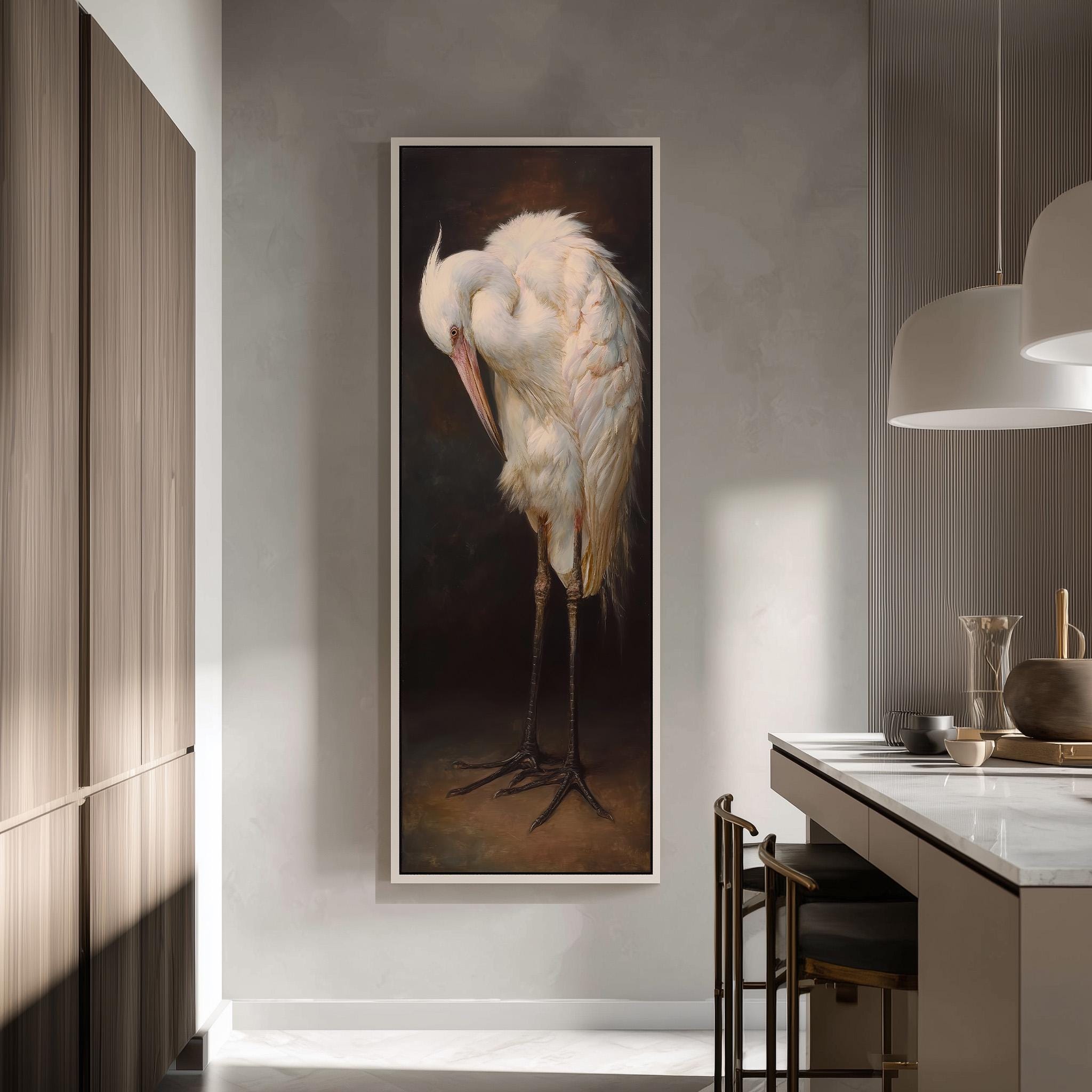 a large painting of a white heron standing on a wooden surface, with a dark background.
