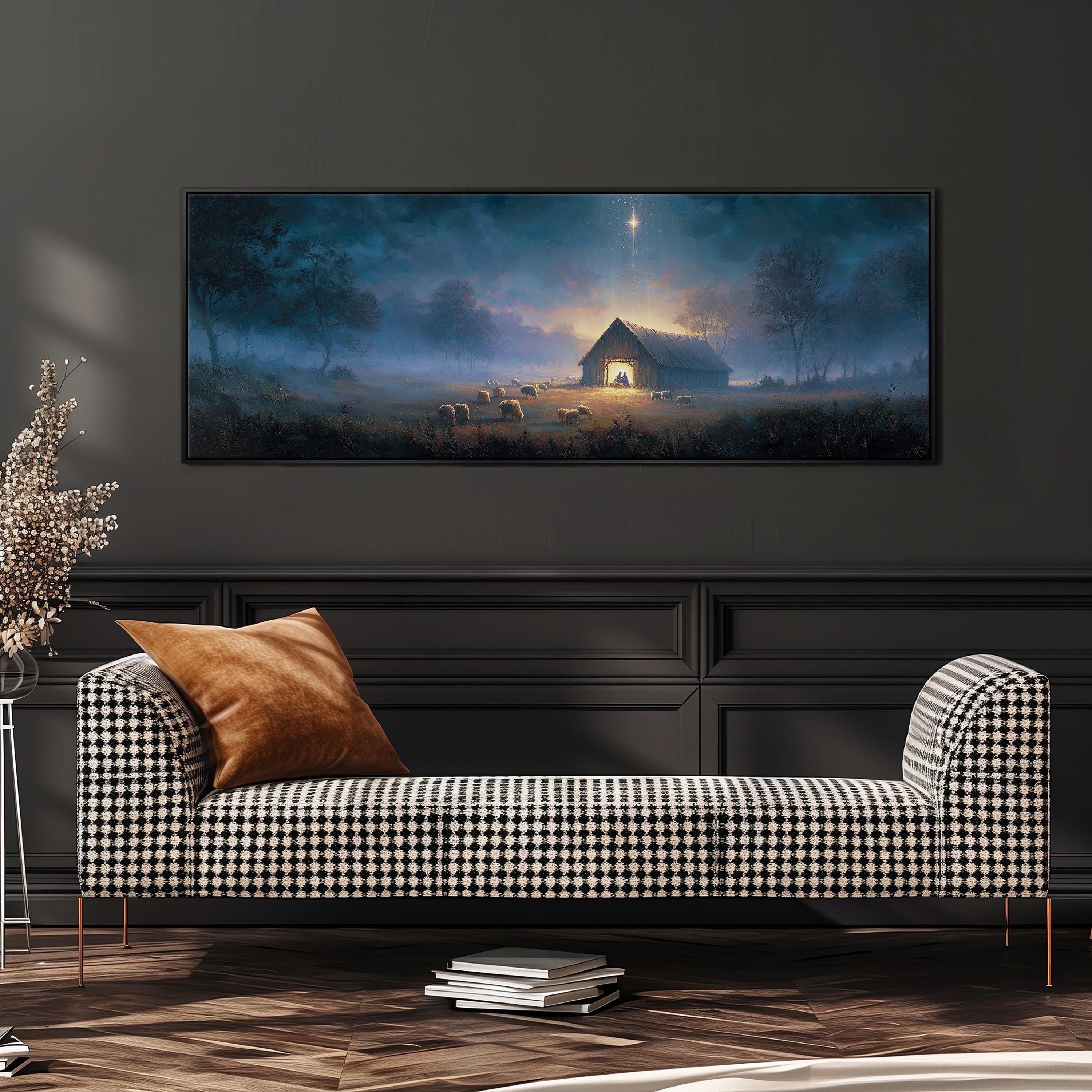 a large, framed painting of a serene landscape depicting a barn at night, with a star shining brightly above it. The painting is hung on a wall above a black and white checkered sofa, which is positioned in front of a bookshelf.