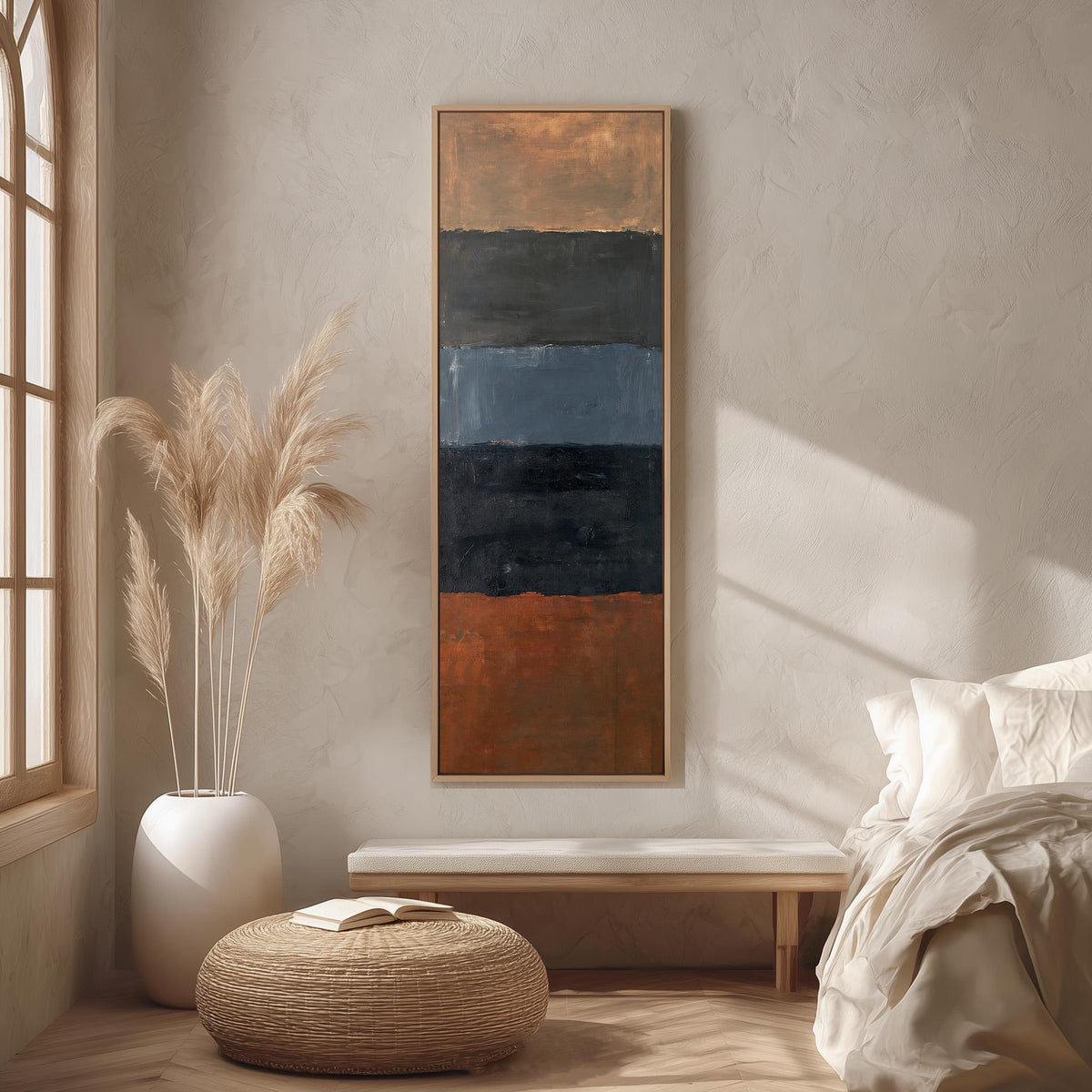 Moody color field bands in rust and navy long vertical canvas print in a bright reading corner