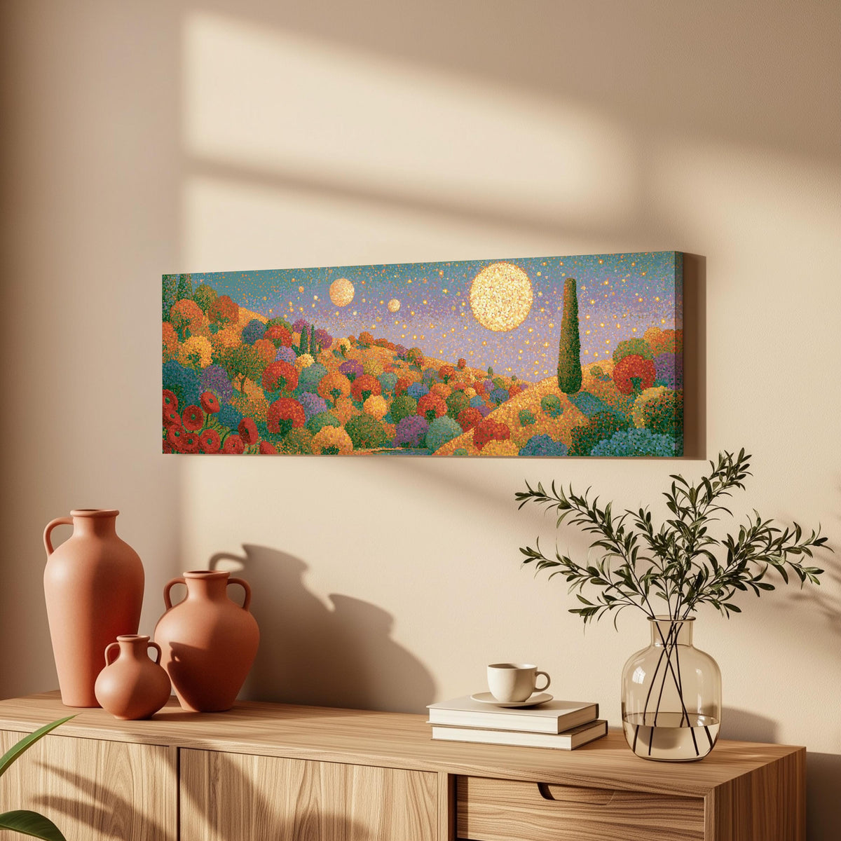 Autumn hillside under glowing moons long horizontal canvas print above a wooden sideboard