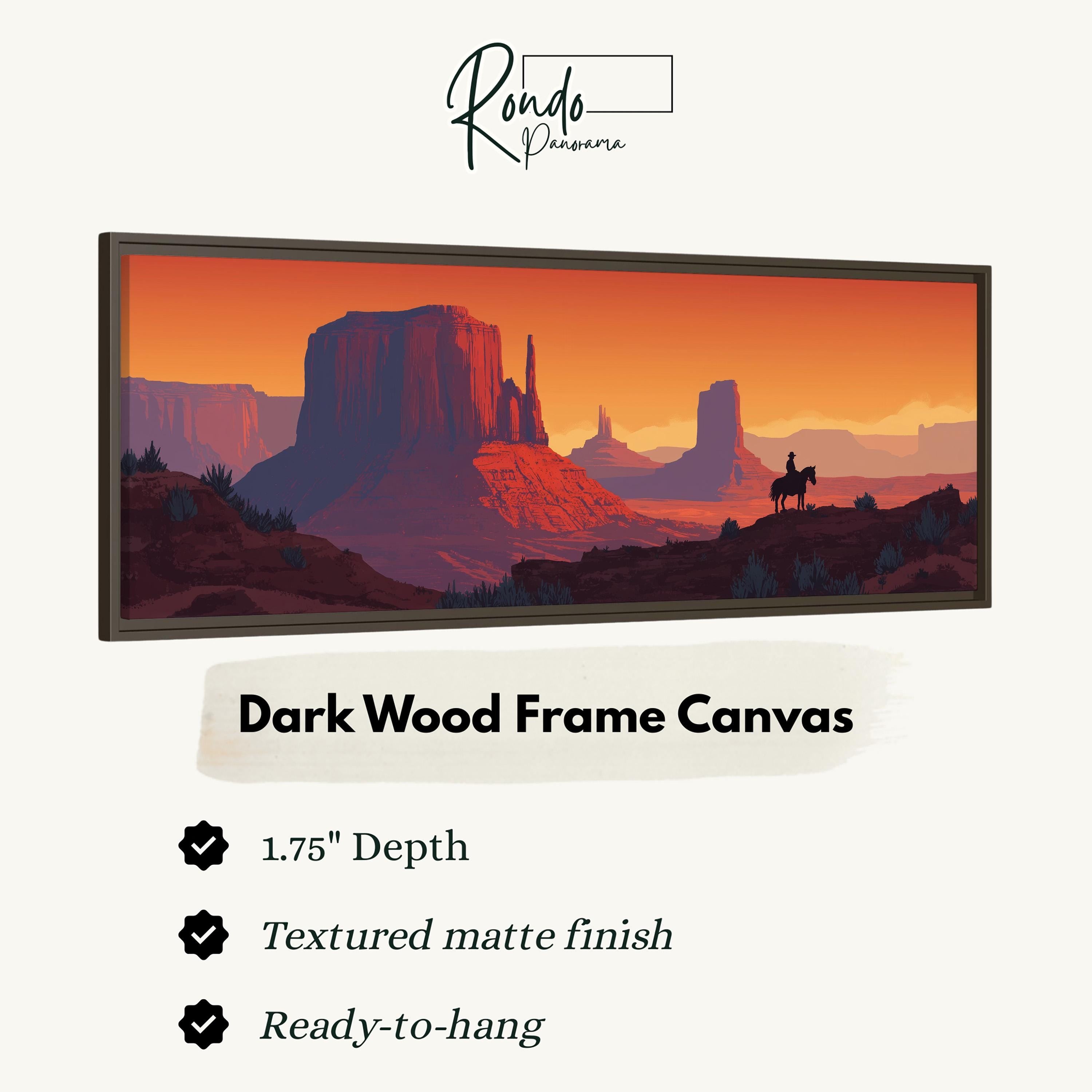 The image is a framed canvas depicting a desert landscape with mountains and a lone rider on a horse.