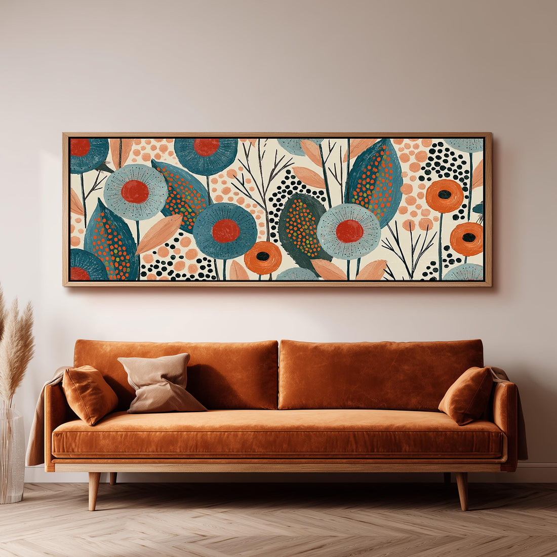 Teal poppies and speckled leaves long horizontal canvas print above a sofa in a living room