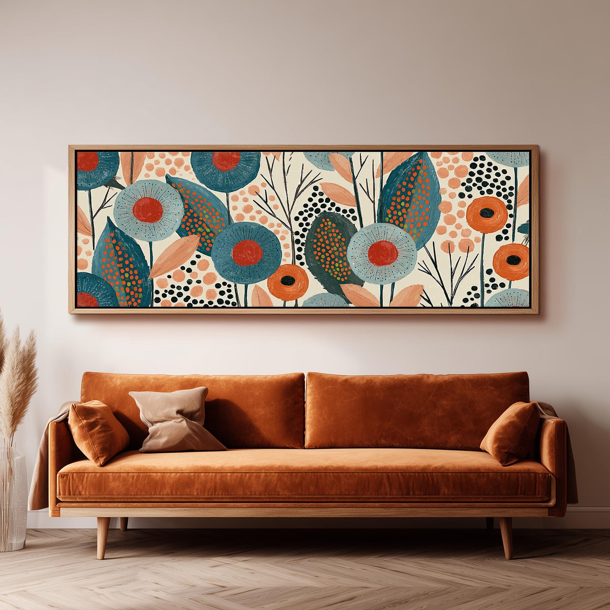 Teal poppies and speckled leaves panoramic canvas print above a sofa in a living room