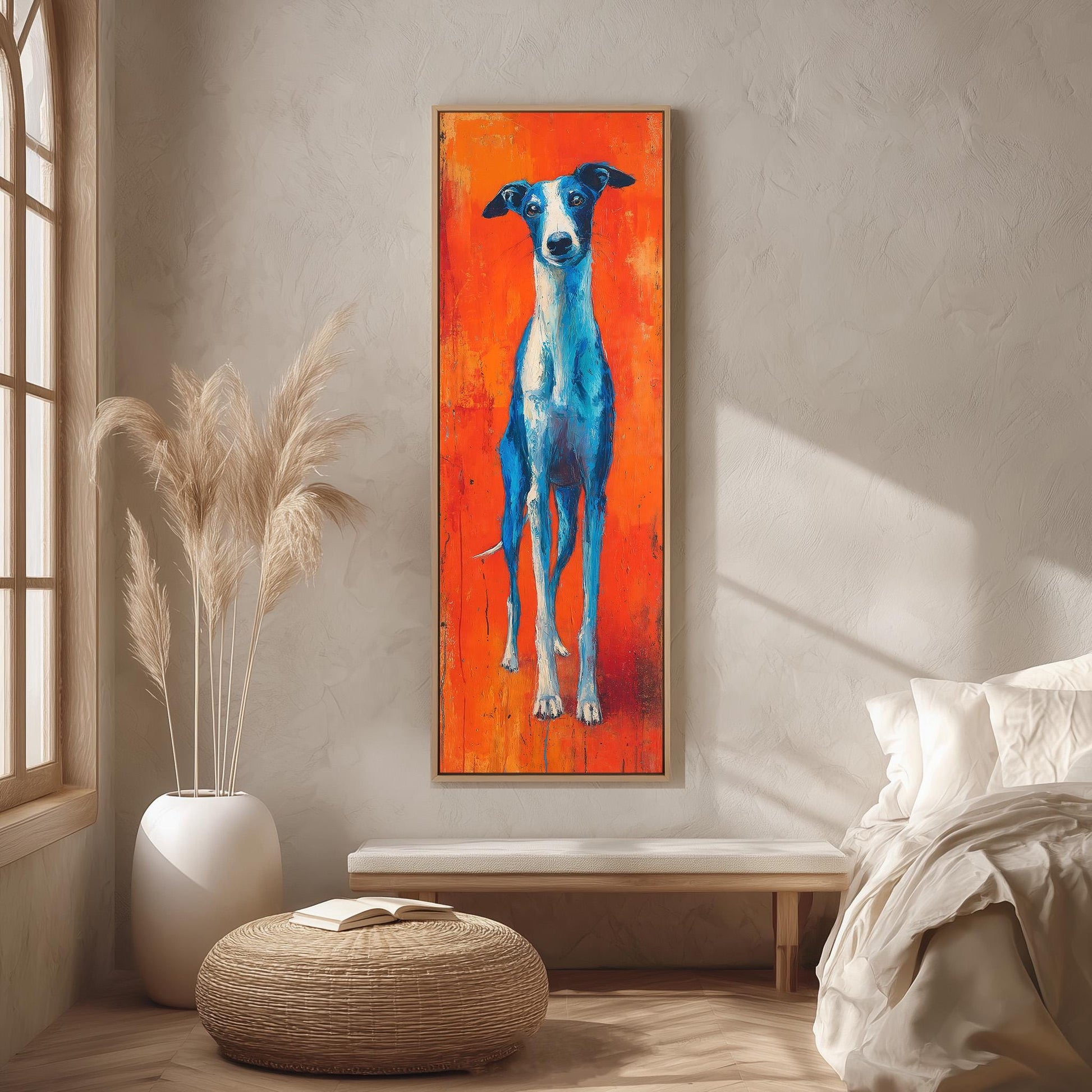 a large, vibrant painting of a dog in an orange and blue color scheme, hanging on a wall in a room with a white bed and a wicker ottoman.