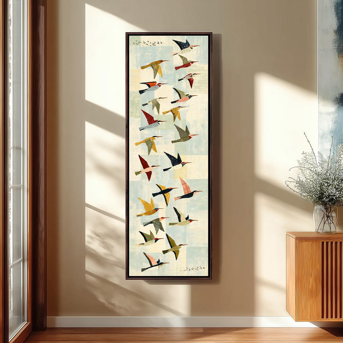 Collage of colorful birds in flight tall skinny canvas print in a sunlit living space
