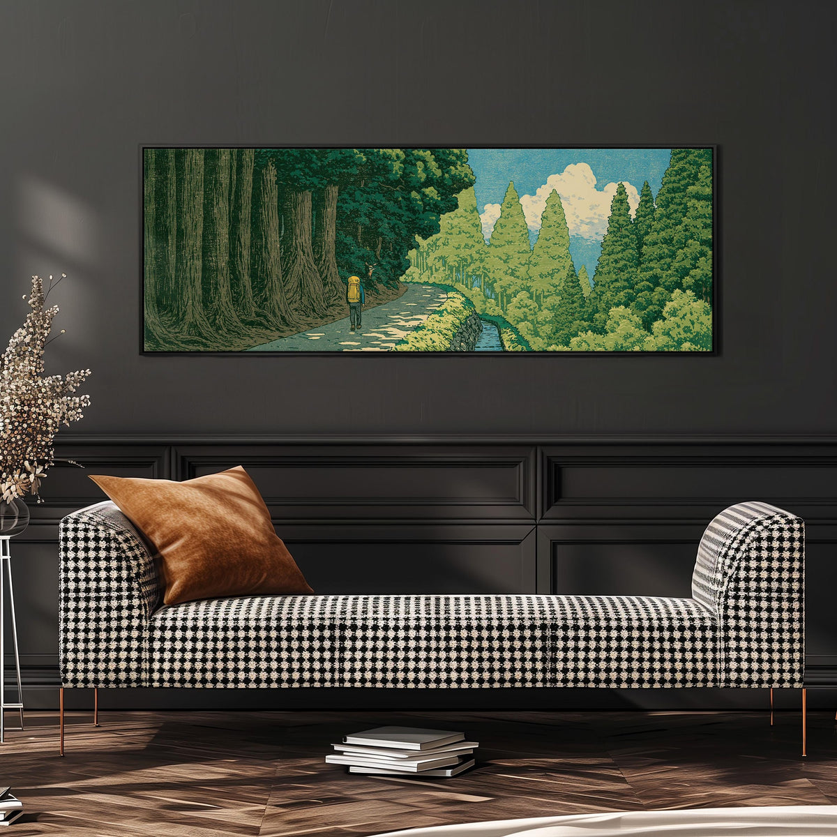 Hiker on a forest trail long horizontal canvas print above a dining table