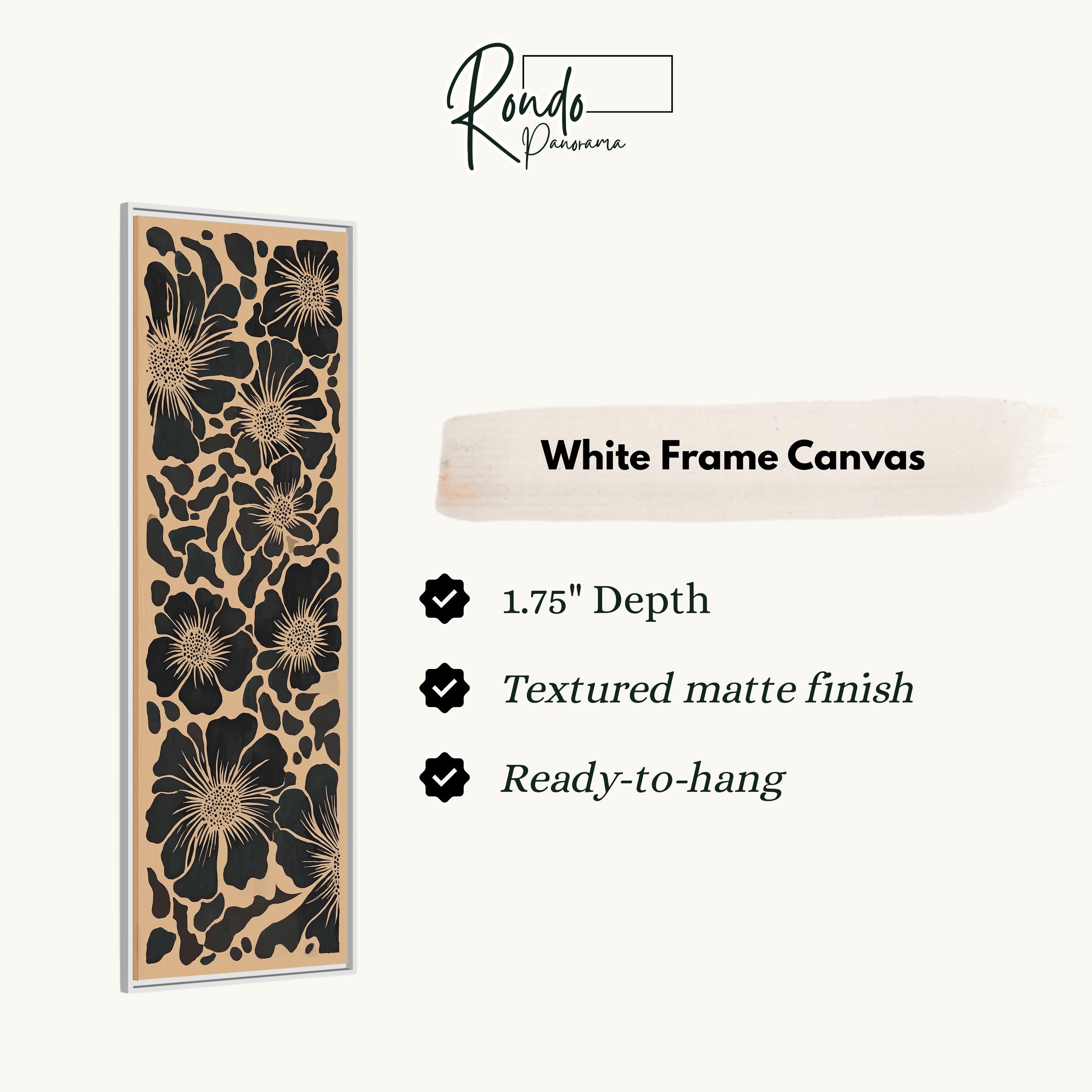 a white frame canvas with a floral pattern, and it is described as a 1.75" depth canvas with a textured matte finish and a ready-to-hang feature.
