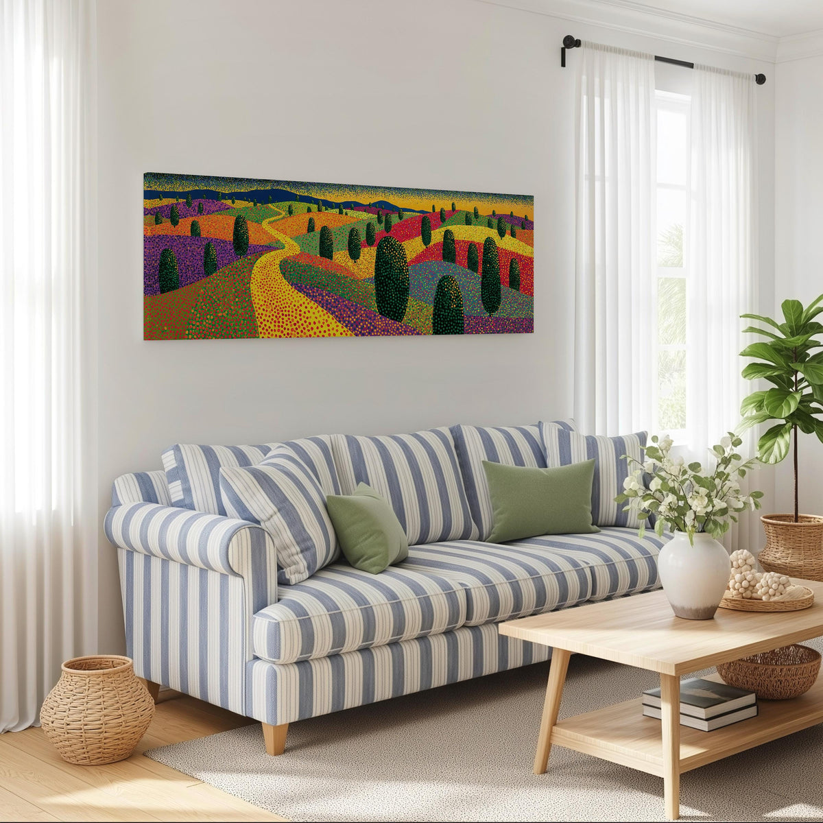 Colorful dotted garden with a winding path long horizontal canvas print above a striped sofa in a coastal living room