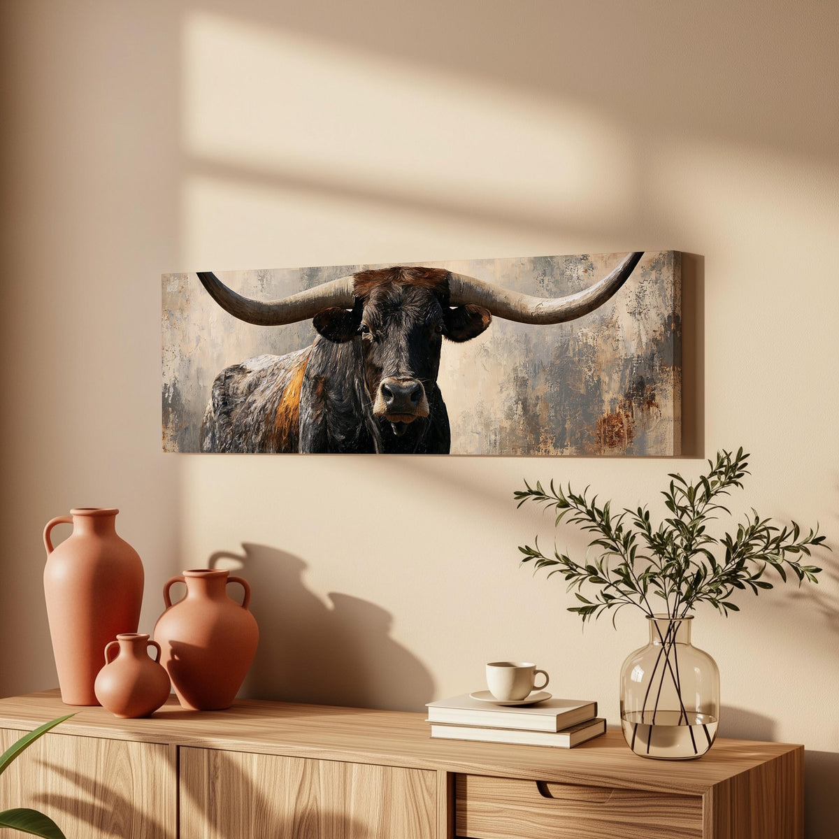 Longhorn bull portrait long horizontal canvas print above a wooden sideboard