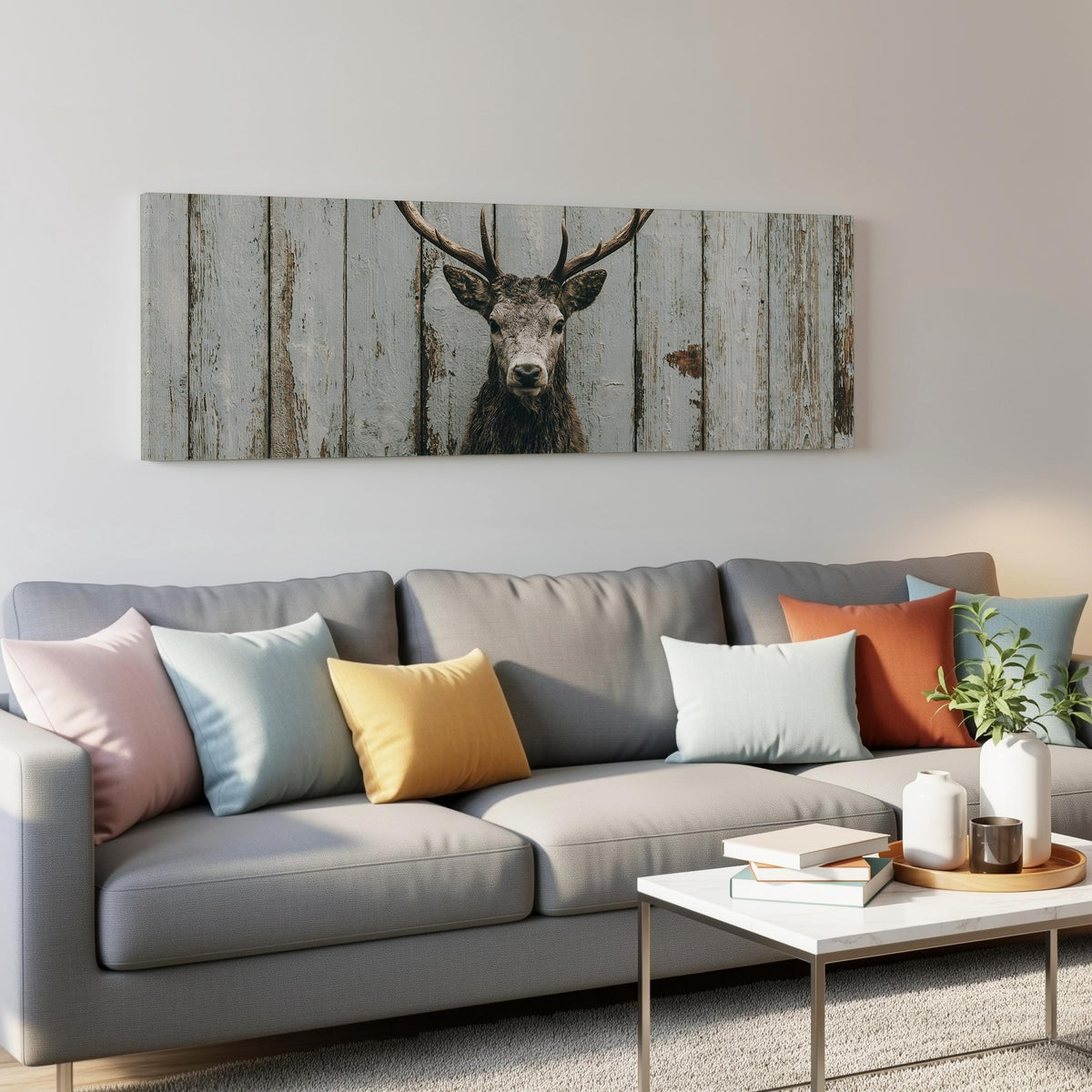 Monochrome stag on barn wood panoramic canvas print above a grey sofa in a living room