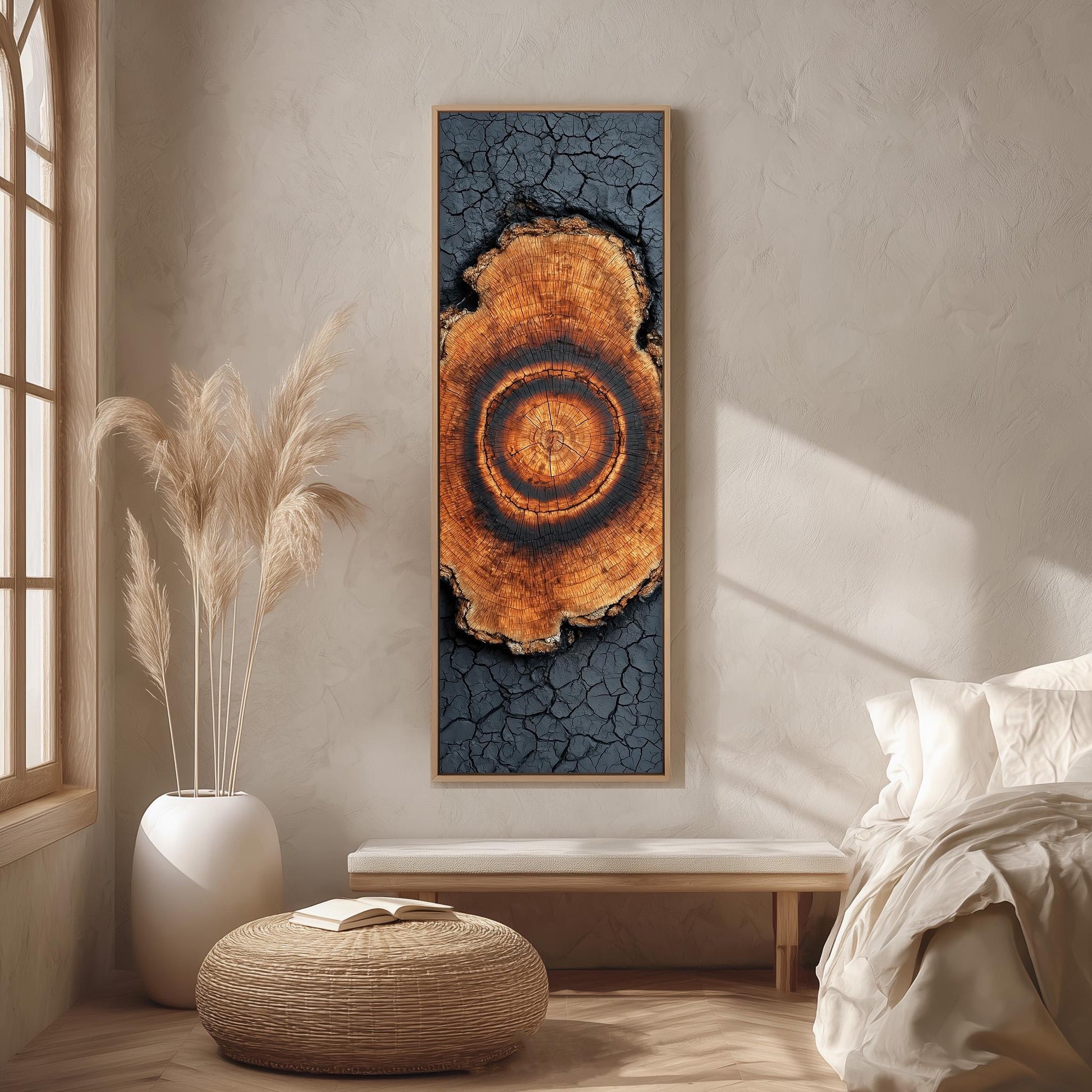 a large, abstract painting of a tree trunk with a circular pattern on it, hanging on a wall in a minimalist bedroom setting.