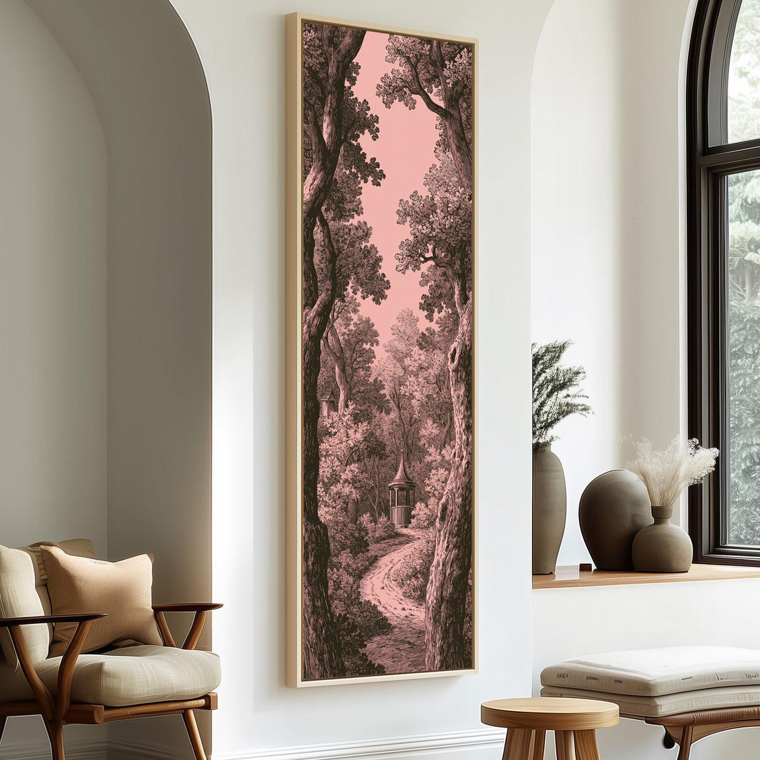 Vintage engraving of a garden path in pink long vertical canvas print in a sunlit living space