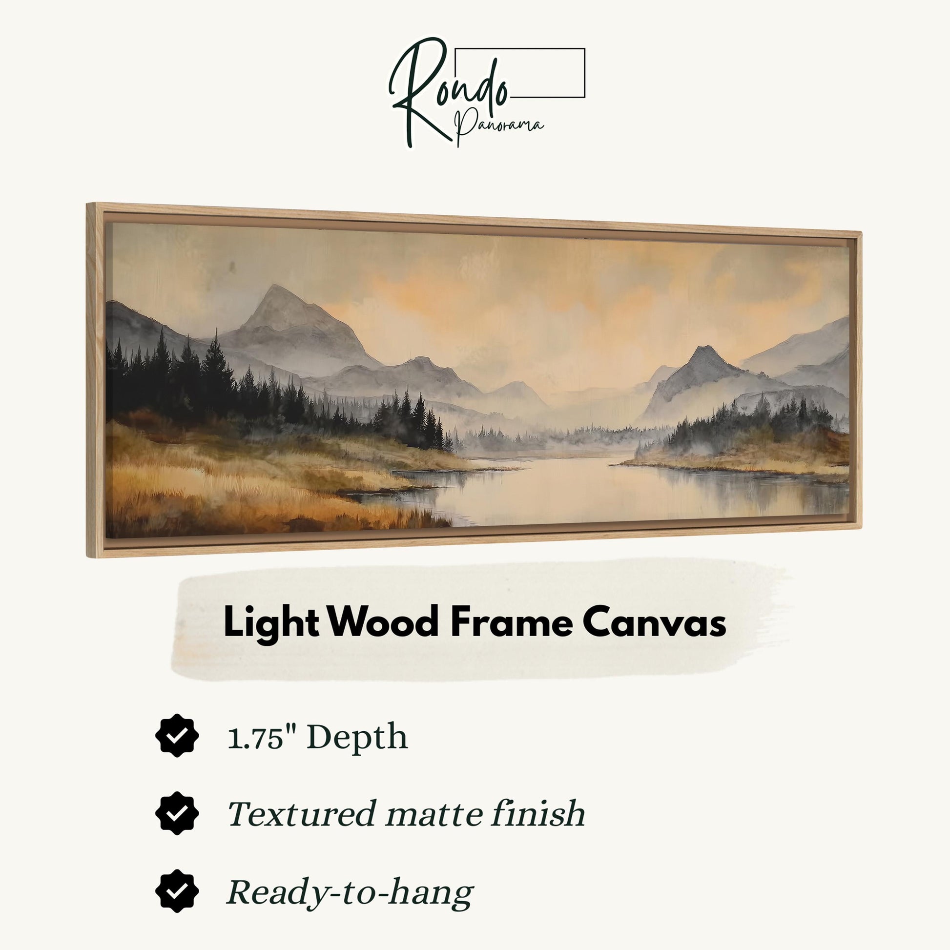 The image is a framed artwork depicting a serene landscape with mountains, trees, and a lake.