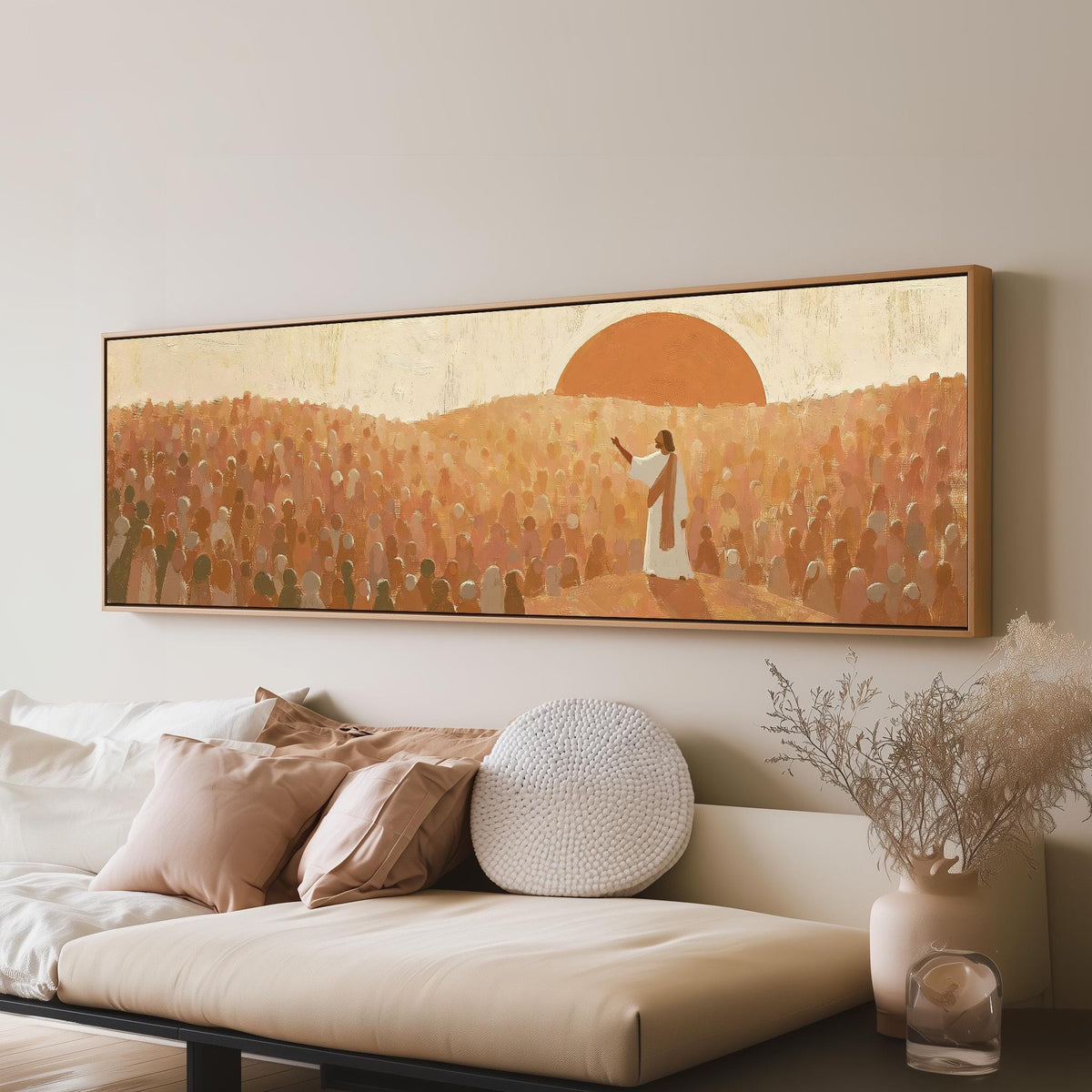 Jesus preaching to a crowd at sunset long horizontal canvas print above a sofa in a living room