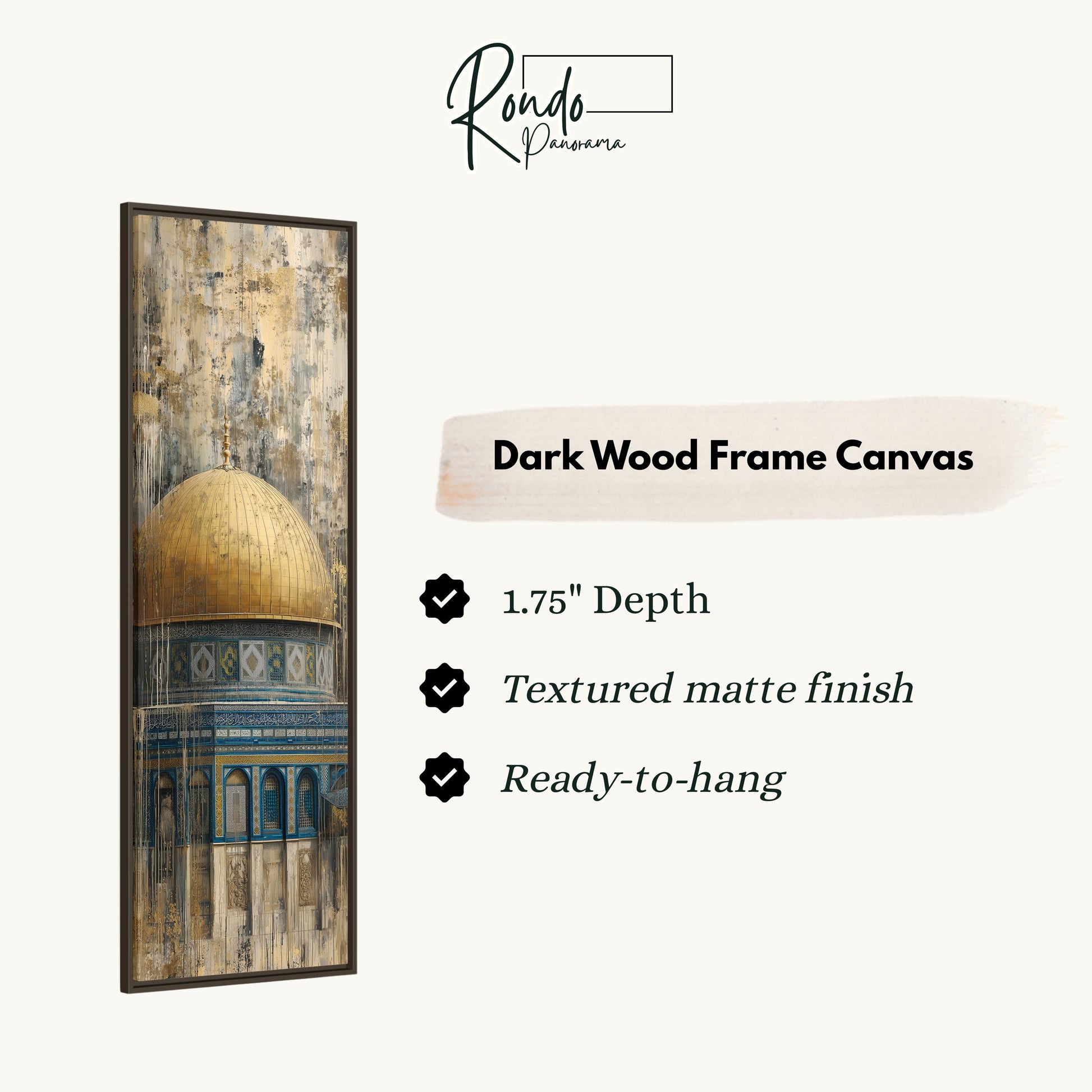 The image is a dark wood frame canvas depicting a building with a dome, possibly a mosque, and it is described as a 1.75" depth canvas with a textured matte finish and a ready-to-hang feature.