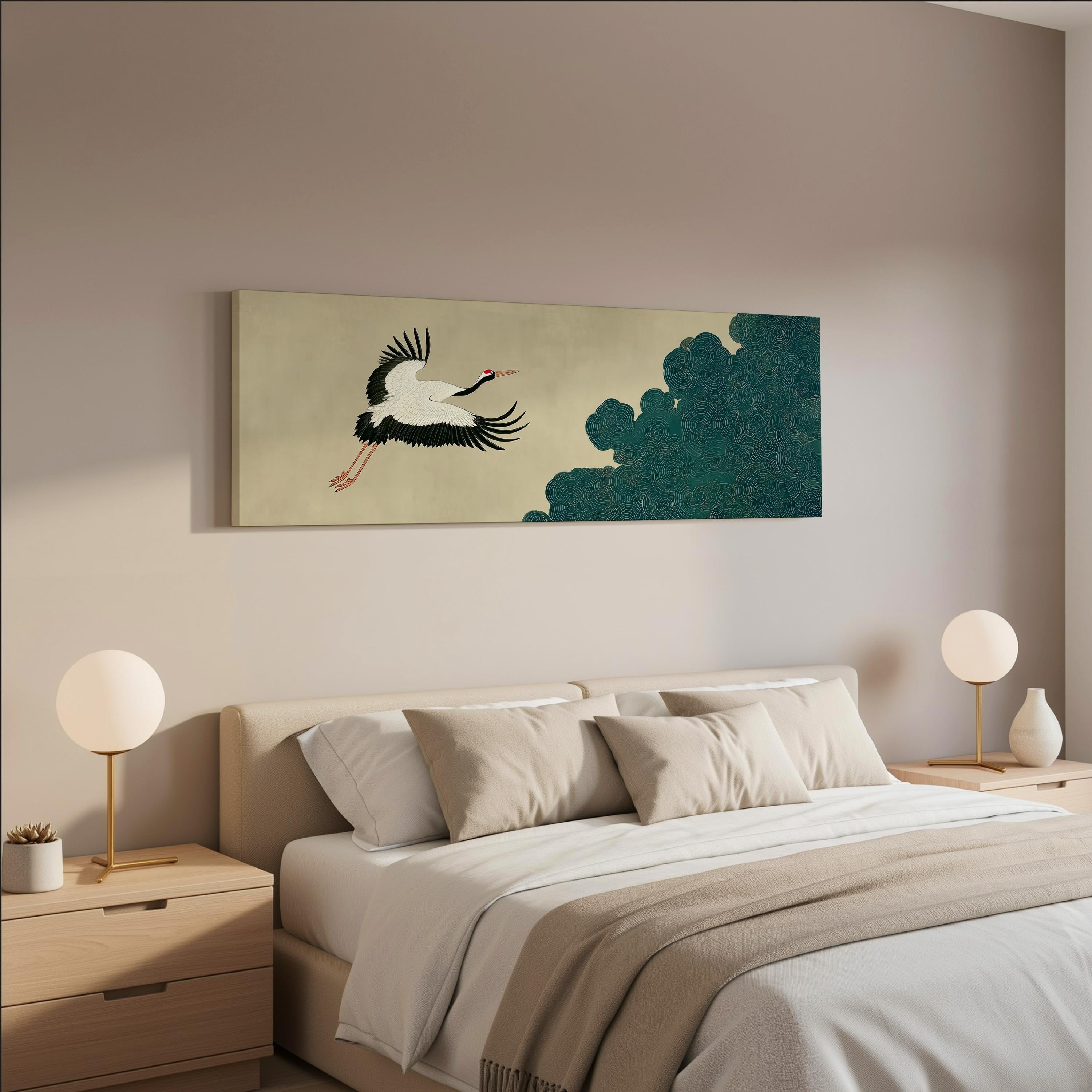 a serene bedroom scene with a large bed, two nightstands with lamps, and a framed artwork of a crane in flight above the bed.