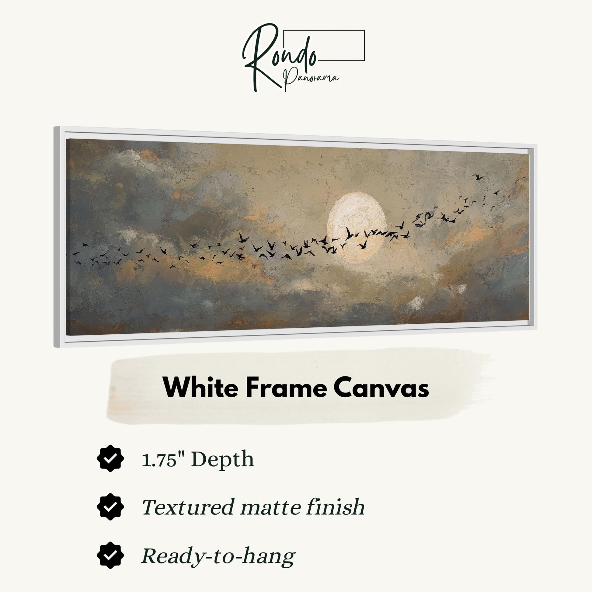 The image is a white frame canvas depicting a flock of birds flying across a cloudy sky with a full moon.