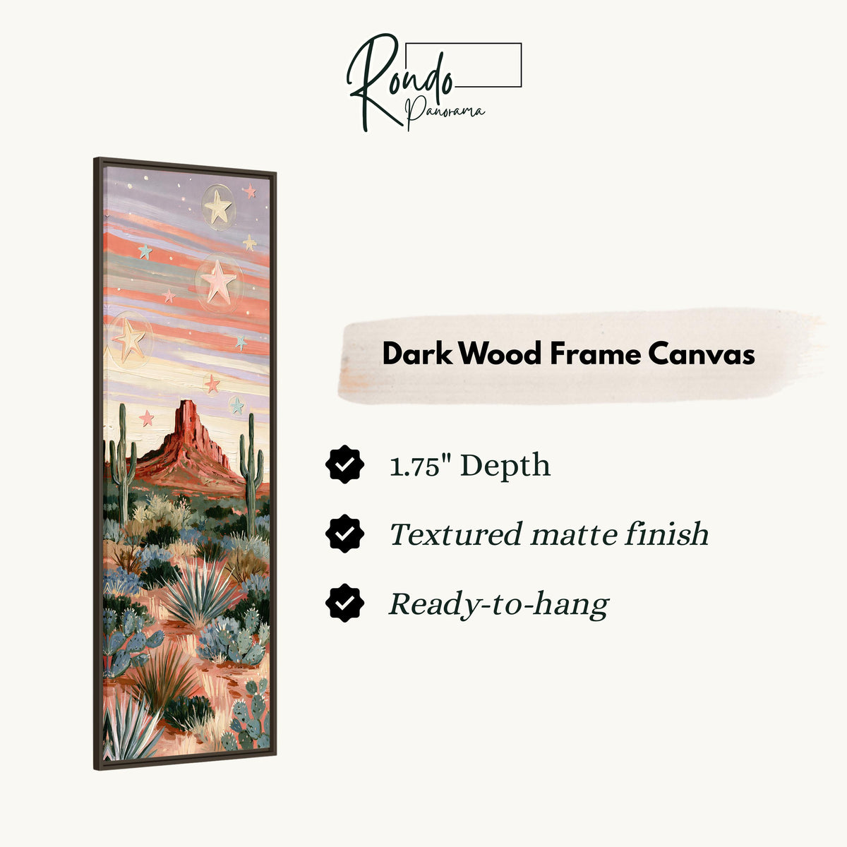Red butte and cacti under a pastel starry sky canvas print in a dark wood floating frame