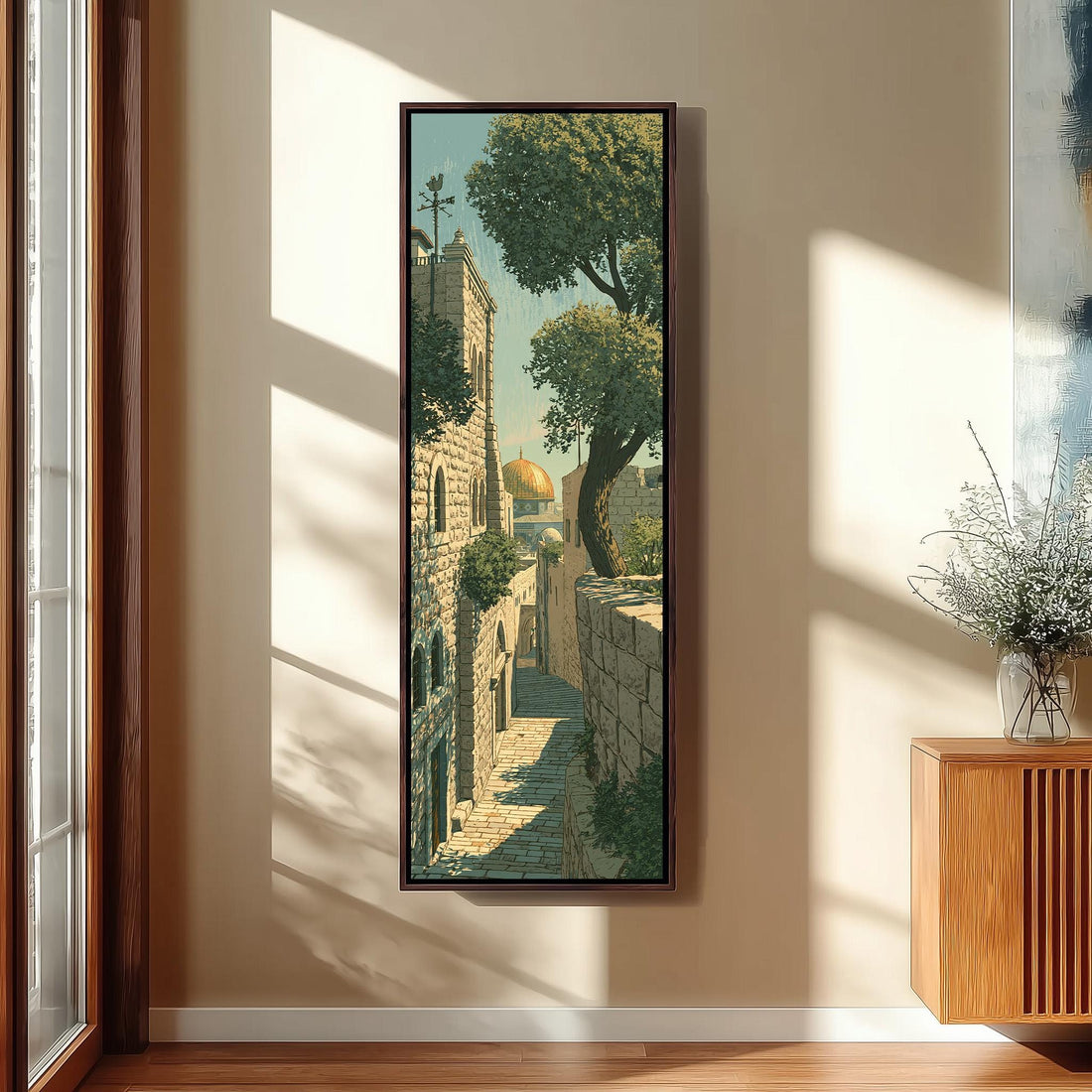 Stone alley leading to the golden dome long vertical canvas print in a sunlit living space