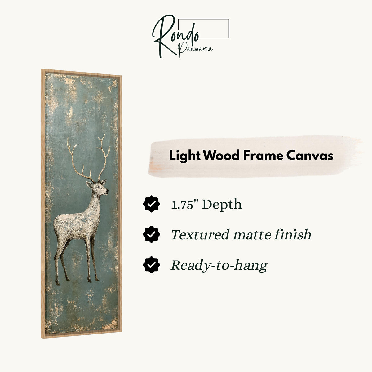 Pale stag with gold antlers on distressed teal canvas print in a light wood floating frame