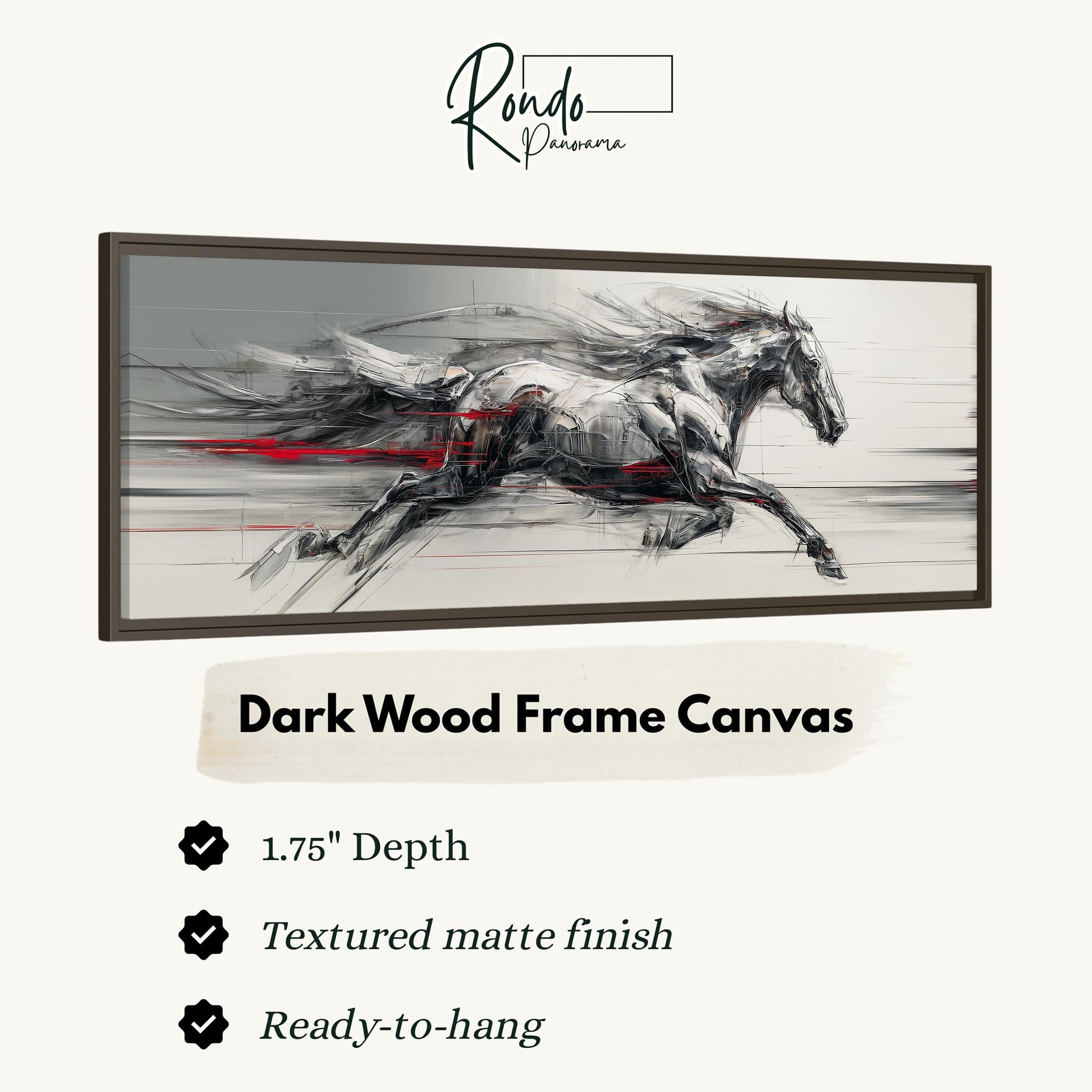 The image is a framed artwork depicting a horse in motion, with a dark wood frame.