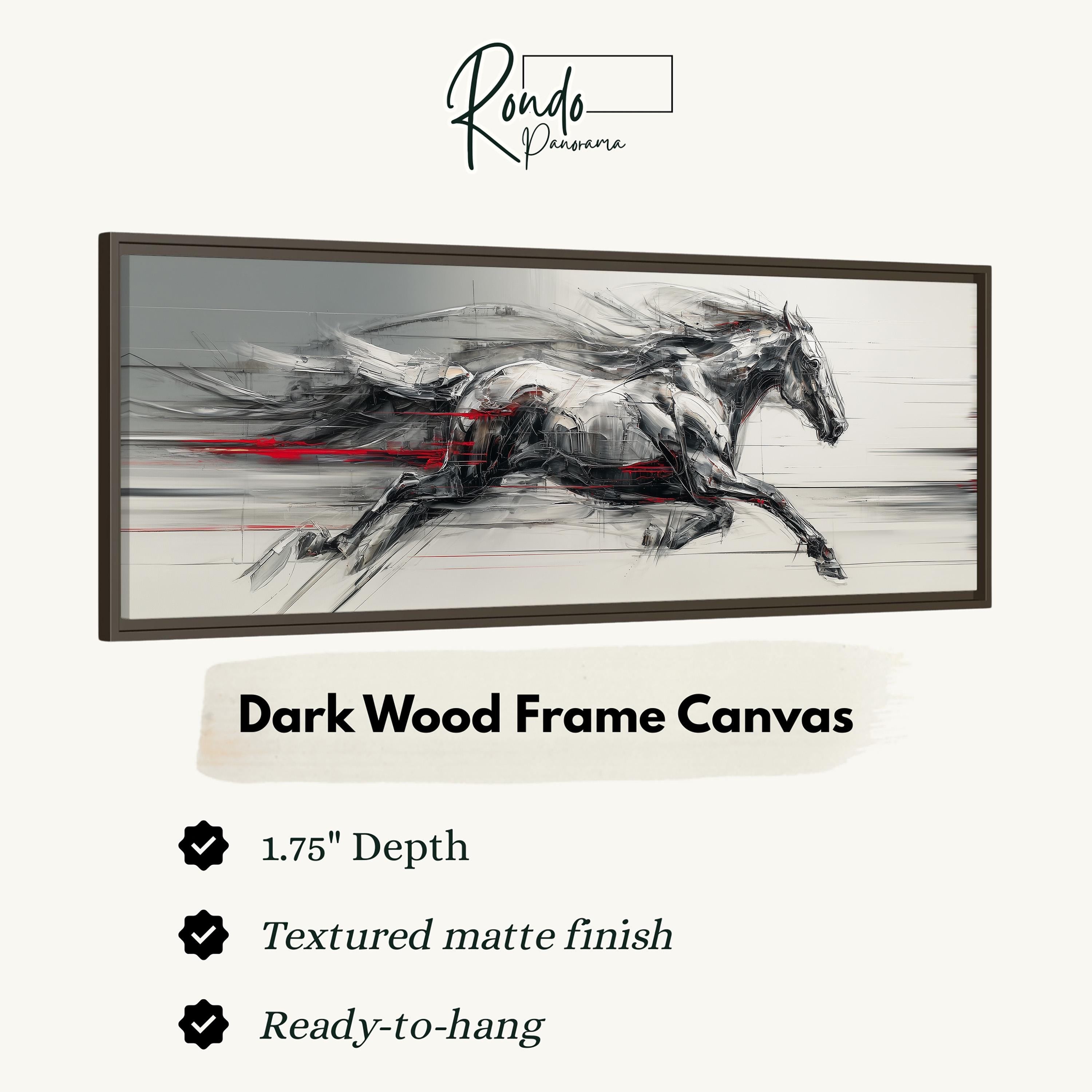 The image is a framed artwork depicting a horse in motion, with a dark wood frame.