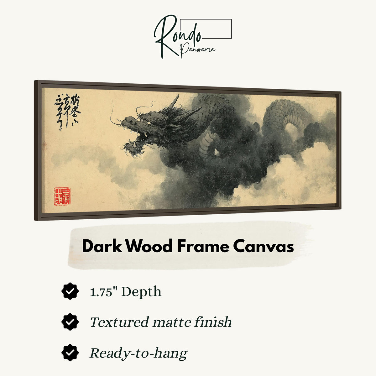 Ink dragon in the clouds canvas print in a dark wood floating frame