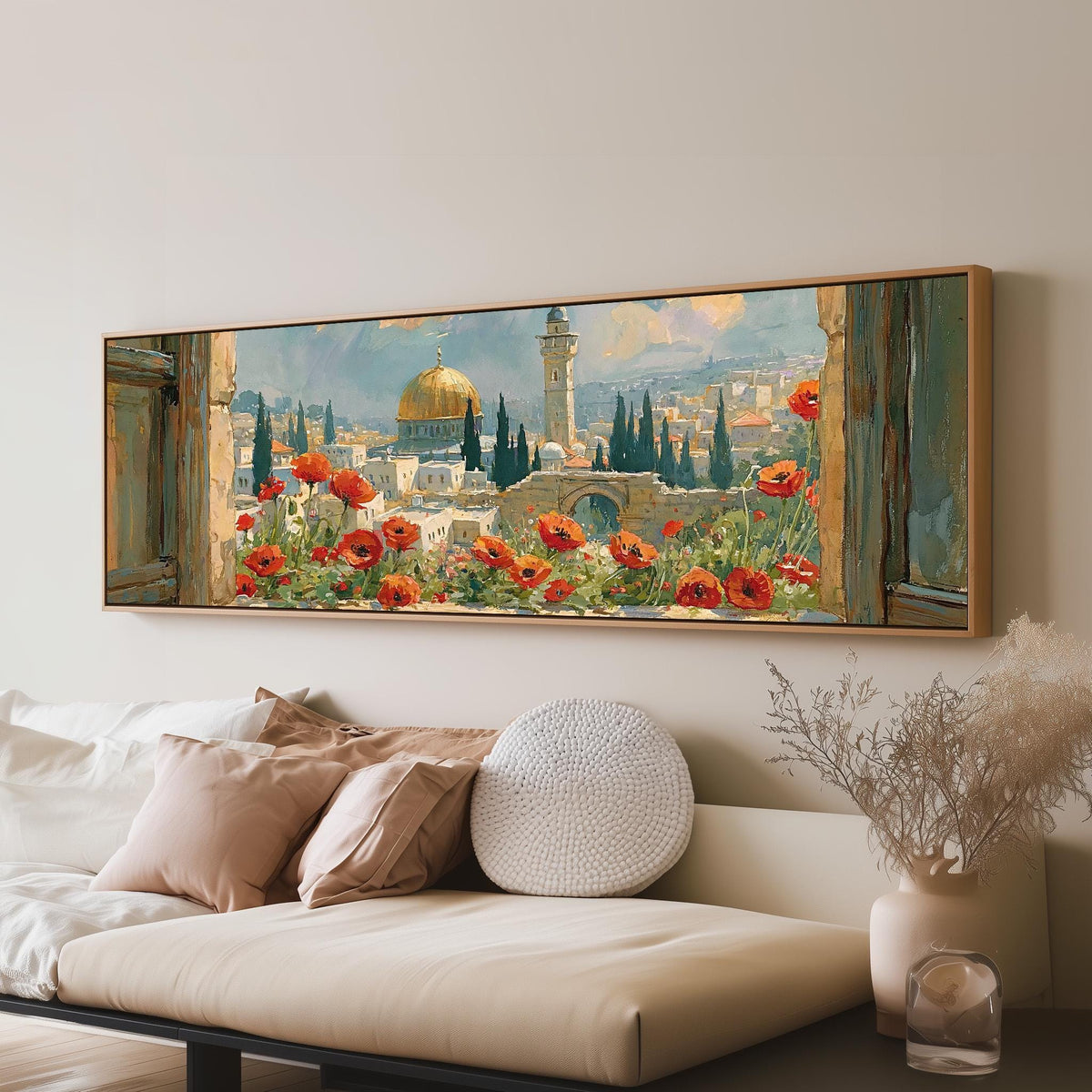 Jerusalem skyline through a window with poppies long horizontal canvas print above a sofa in a living room