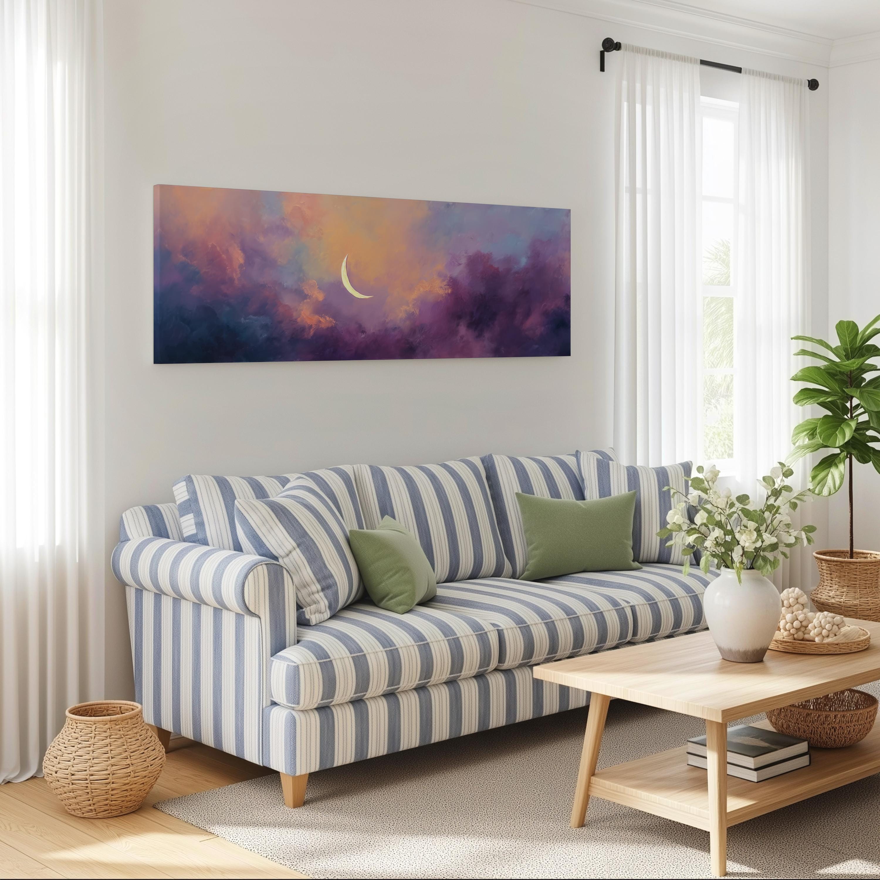 a cozy living room with a striped blue and white sofa, a wooden coffee table, and a large window with white curtains. Above the sofa, there is a painting of a crescent moon and a colorful sky.