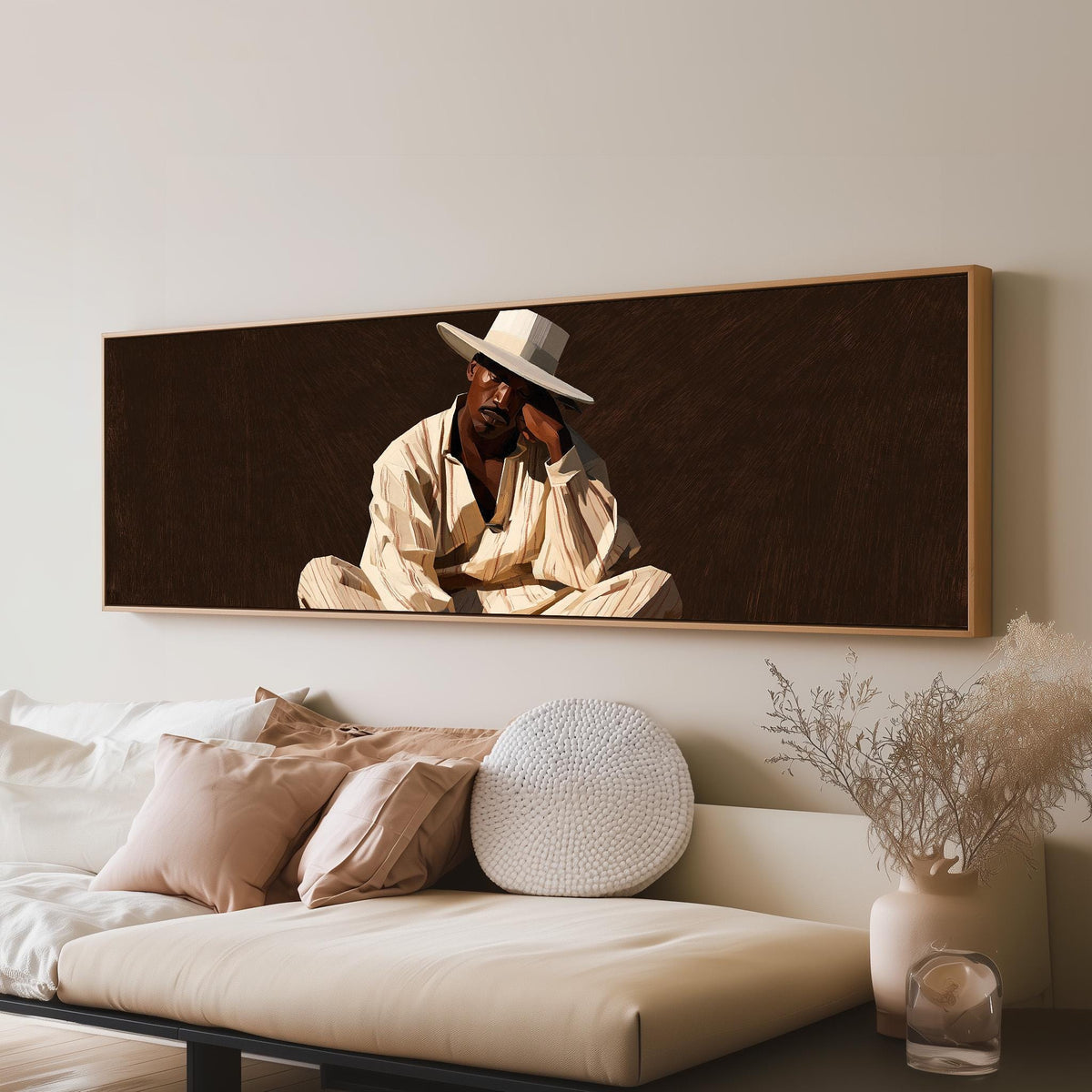Pensive man in a white hat on brown panoramic canvas print above a sofa in a living room