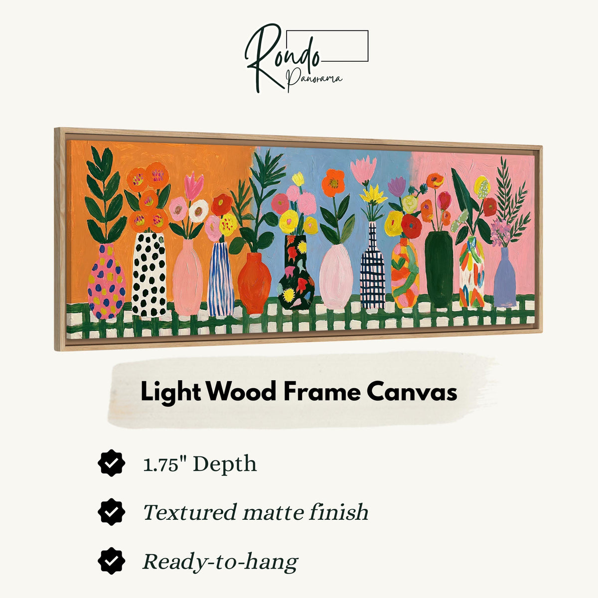 Folk art flower vases on orange and blue canvas print in a light wood floating frame