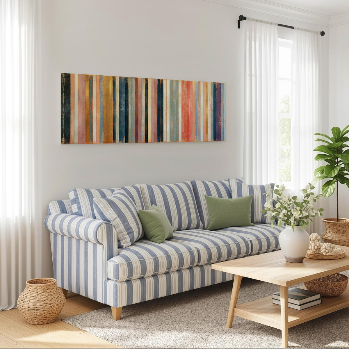 Blush, navy and gold gilded stripes long horizontal canvas print above a striped sofa in a coastal living room