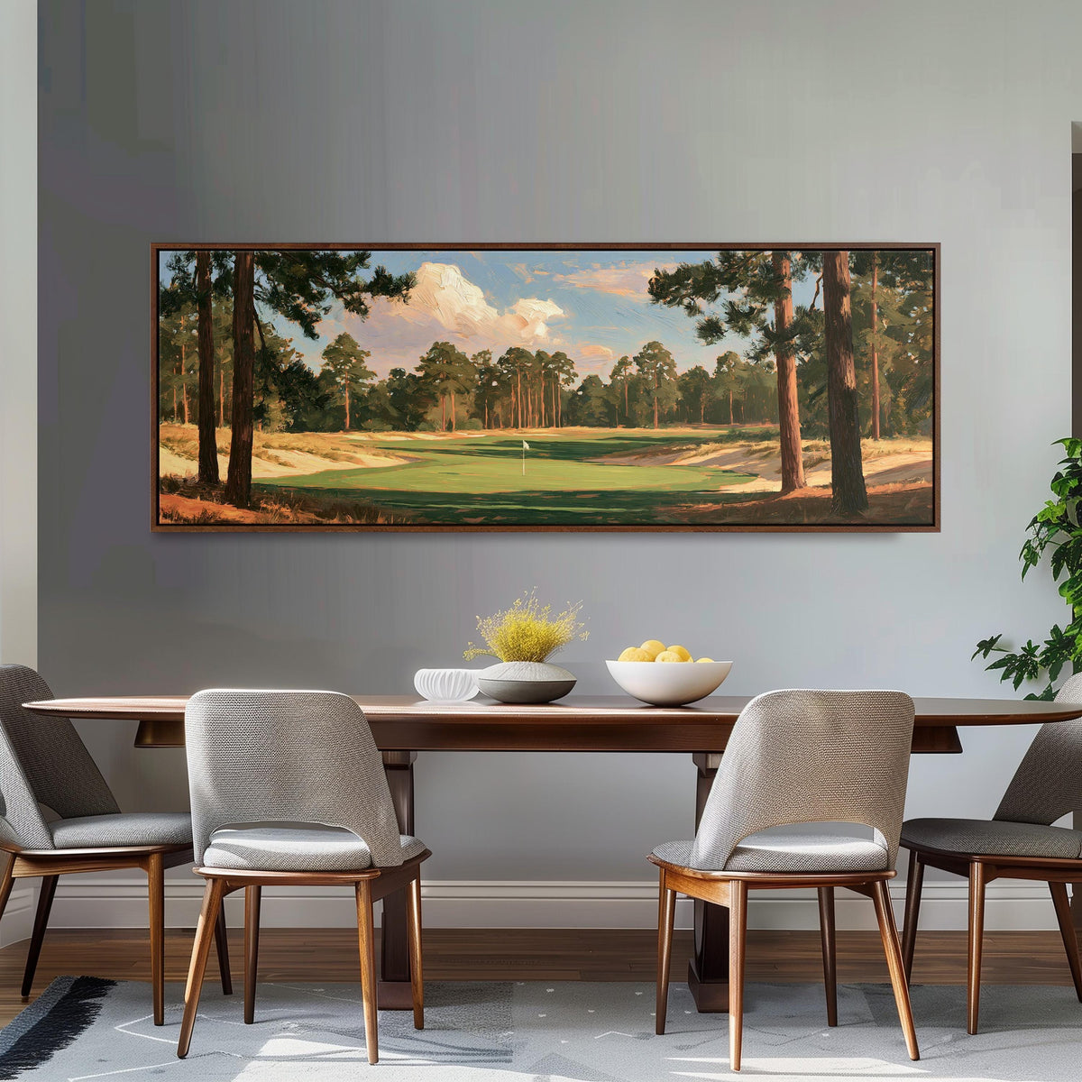 Golf fairway lined with tall pines long horizontal canvas print above a dining table