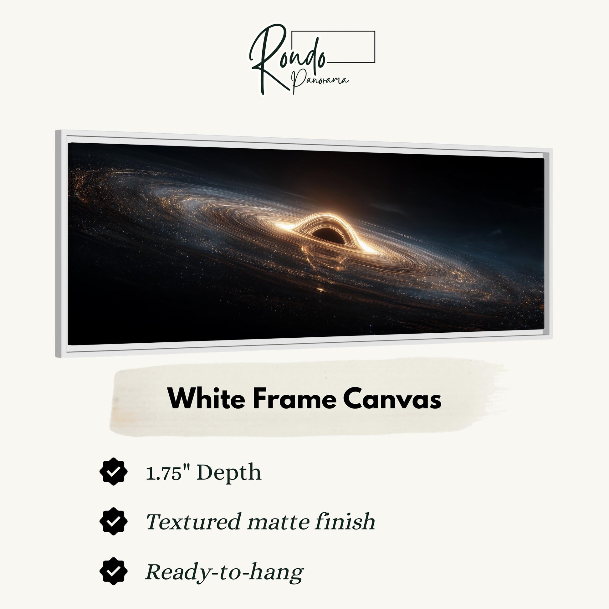 The image is a white frame canvas depicting a black hole with a bright light at its center, surrounded by swirling cosmic elements.