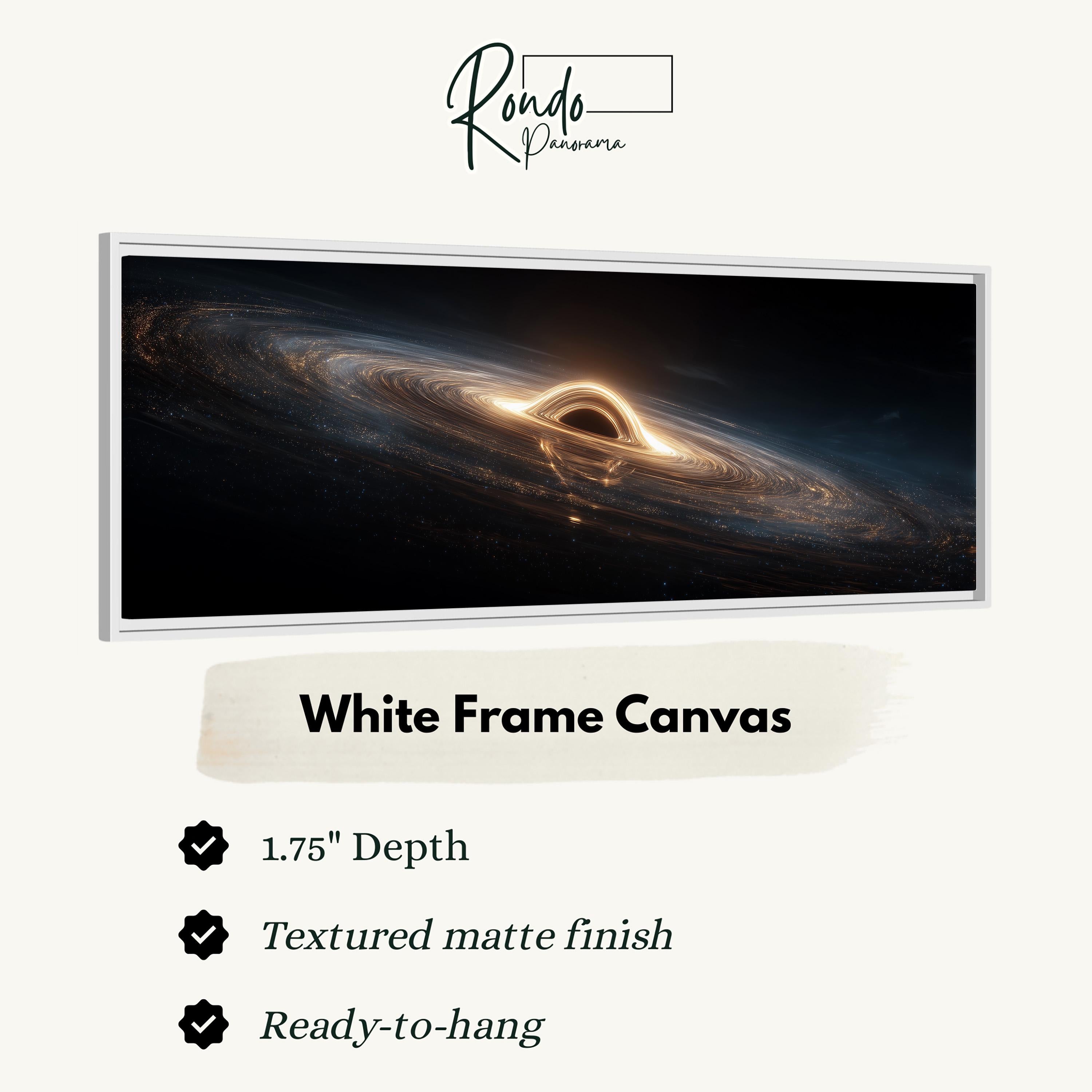 The image is a white frame canvas depicting a black hole with a bright light at its center, surrounded by swirling cosmic elements.