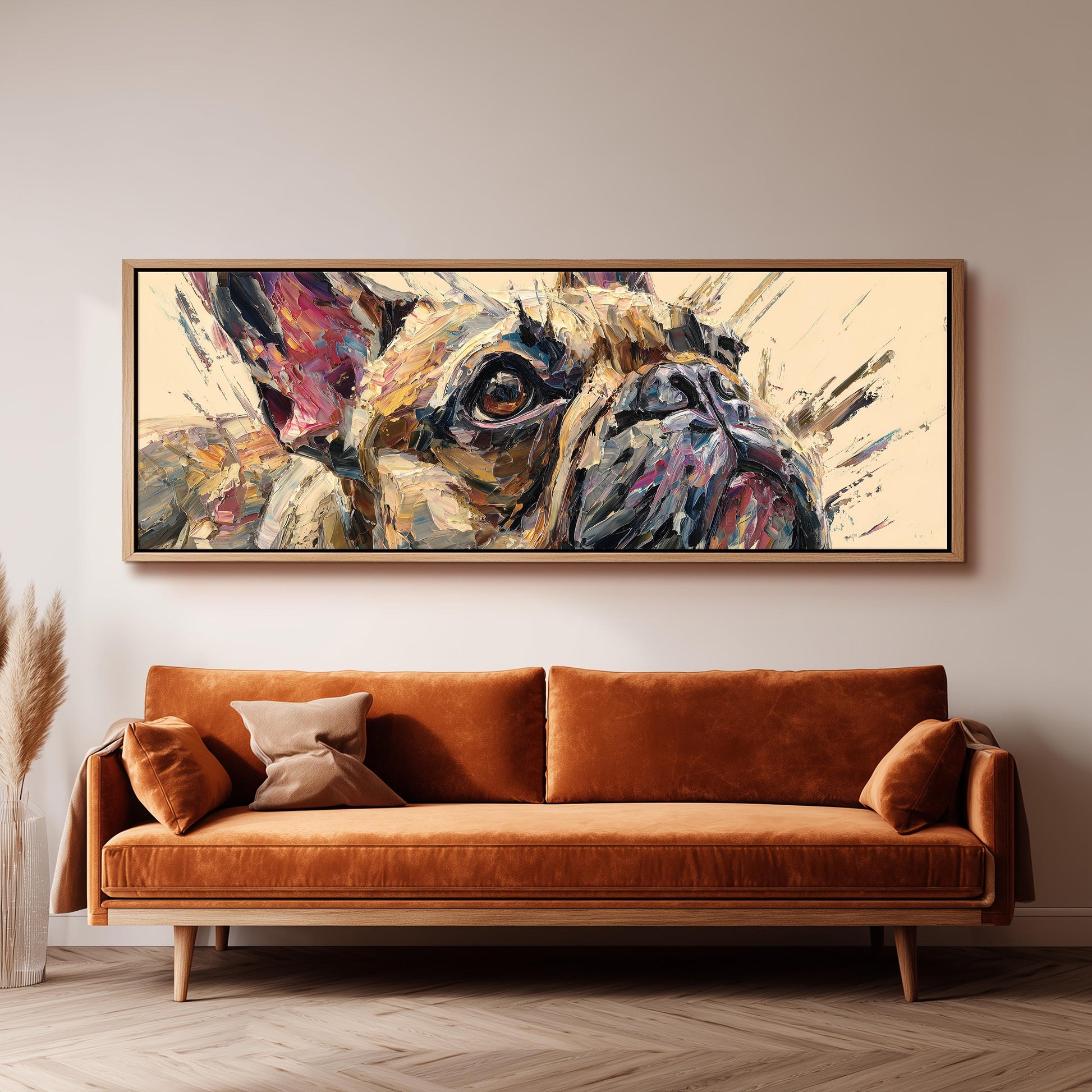 a large, colorful painting of a dog's face hanging on a wall above a brown sofa.