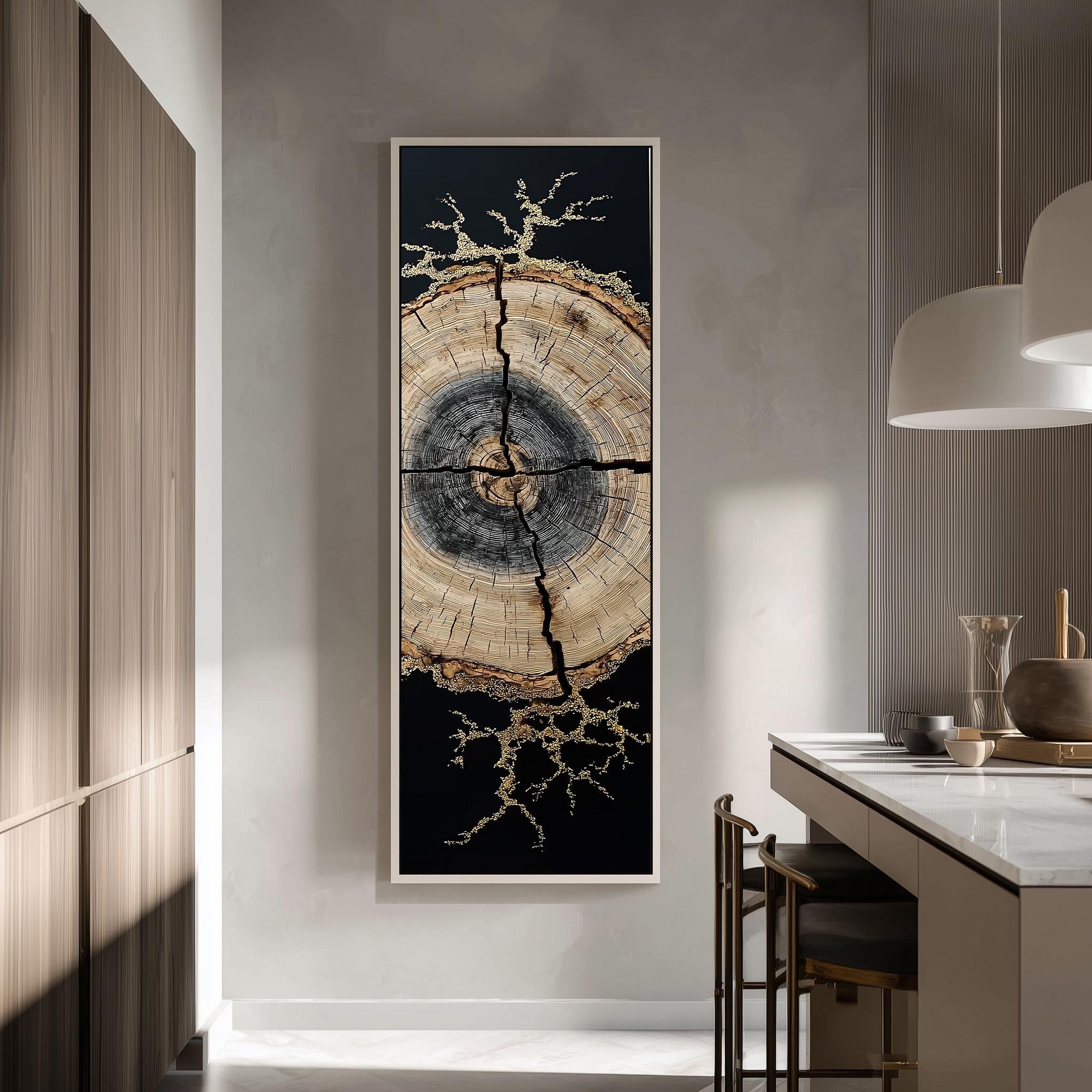 a modern kitchen with a large, abstract painting of a tree trunk on the wall.