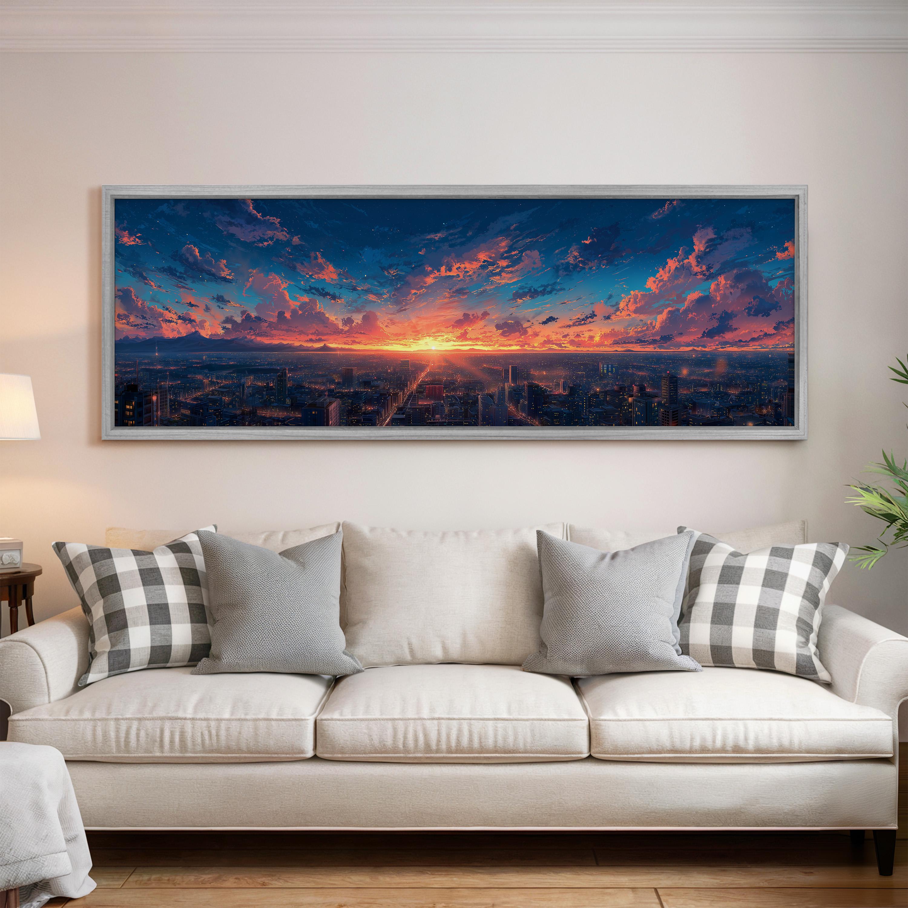 a large, framed painting of a cityscape with a colorful sunset in the background, hanging on a wall above a white couch with patterned throw pillows.