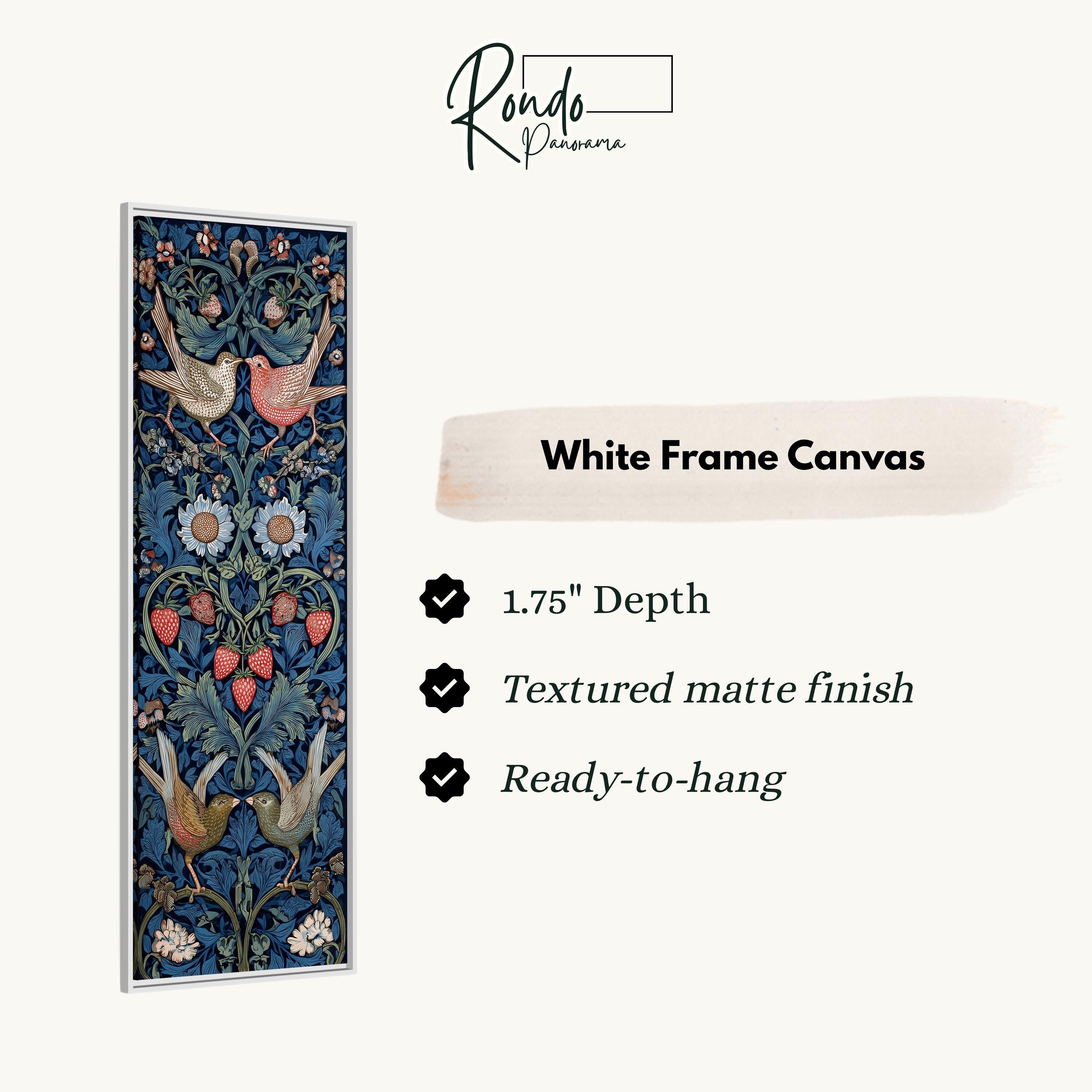 The image is a white frame canvas with a detailed floral design featuring birds and flowers. The canvas is described as having a 1.75" depth, a textured matte finish, and is ready to hang.
