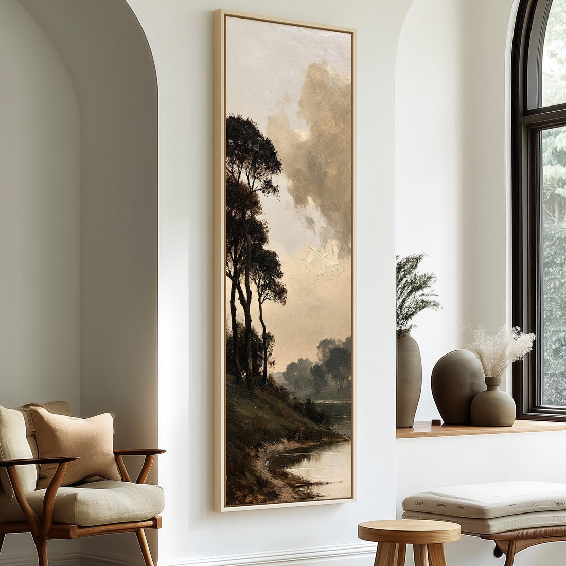 Dark trees by a misty lake in golden brown tones long vertical canvas print in a sunlit living space