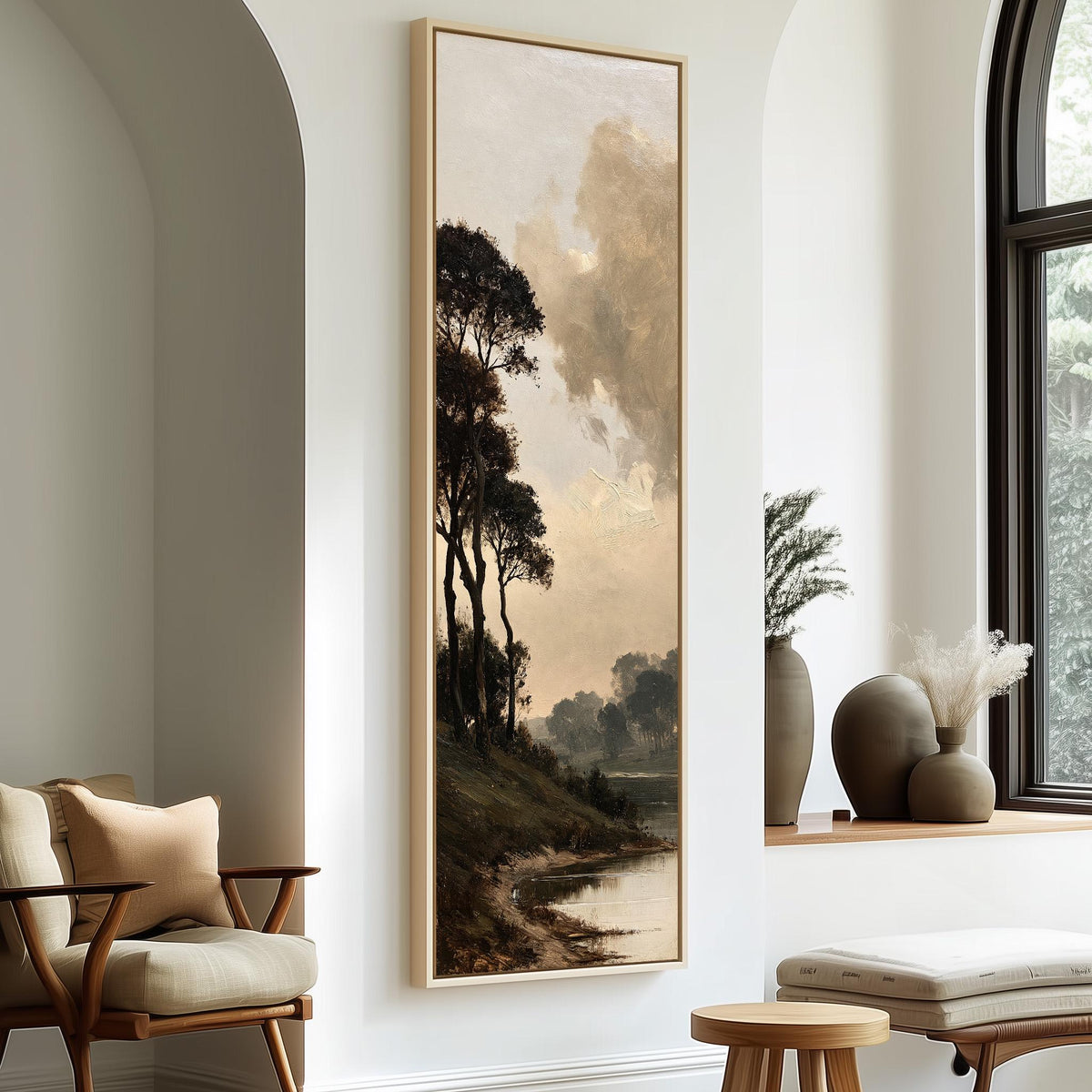 Dark trees by a misty lake in golden brown tones long vertical canvas print in a sunlit living space